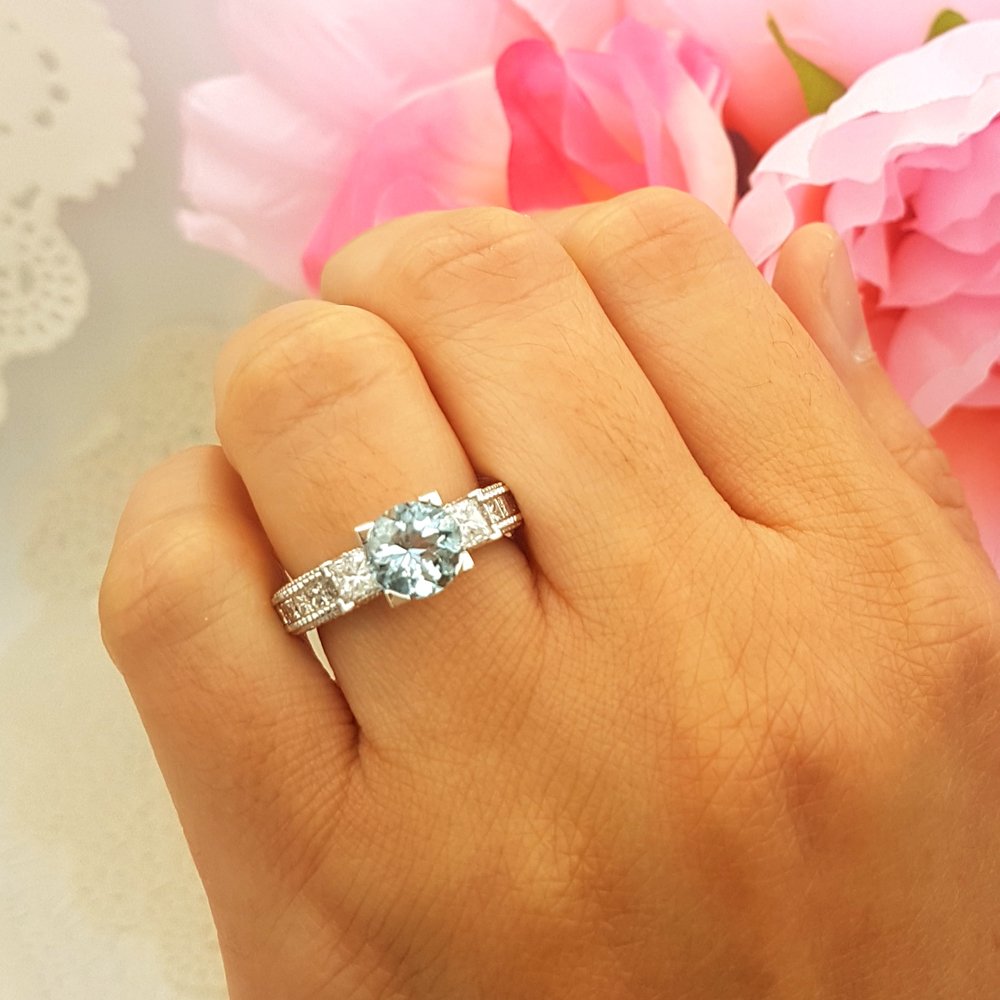 Dazzlingrock Collection Blue Aquamarine & White Diamond Women's 3 Stone Engagement Ring in 14K Solid White Gold - Perfect for Bridal, Wedding, and Anniversary Gifts