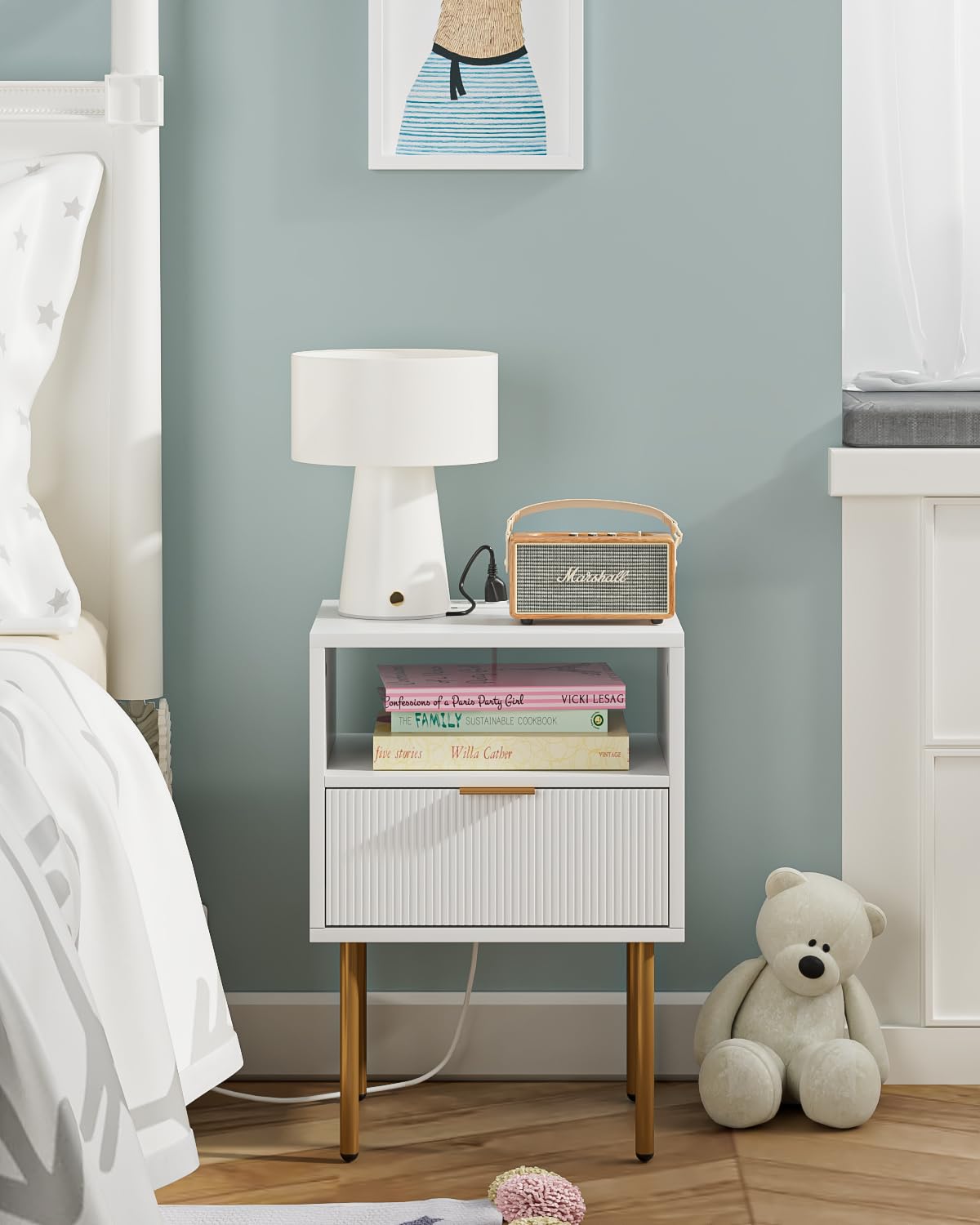 Modern White Nightstand with Charging Station & Gold Frame - Small Bedside Table with Drawer & Shelf - Elegant End Table for Bedroom & Living Room - Perfect for Phone Charging, Reading Light & Bedside Storage