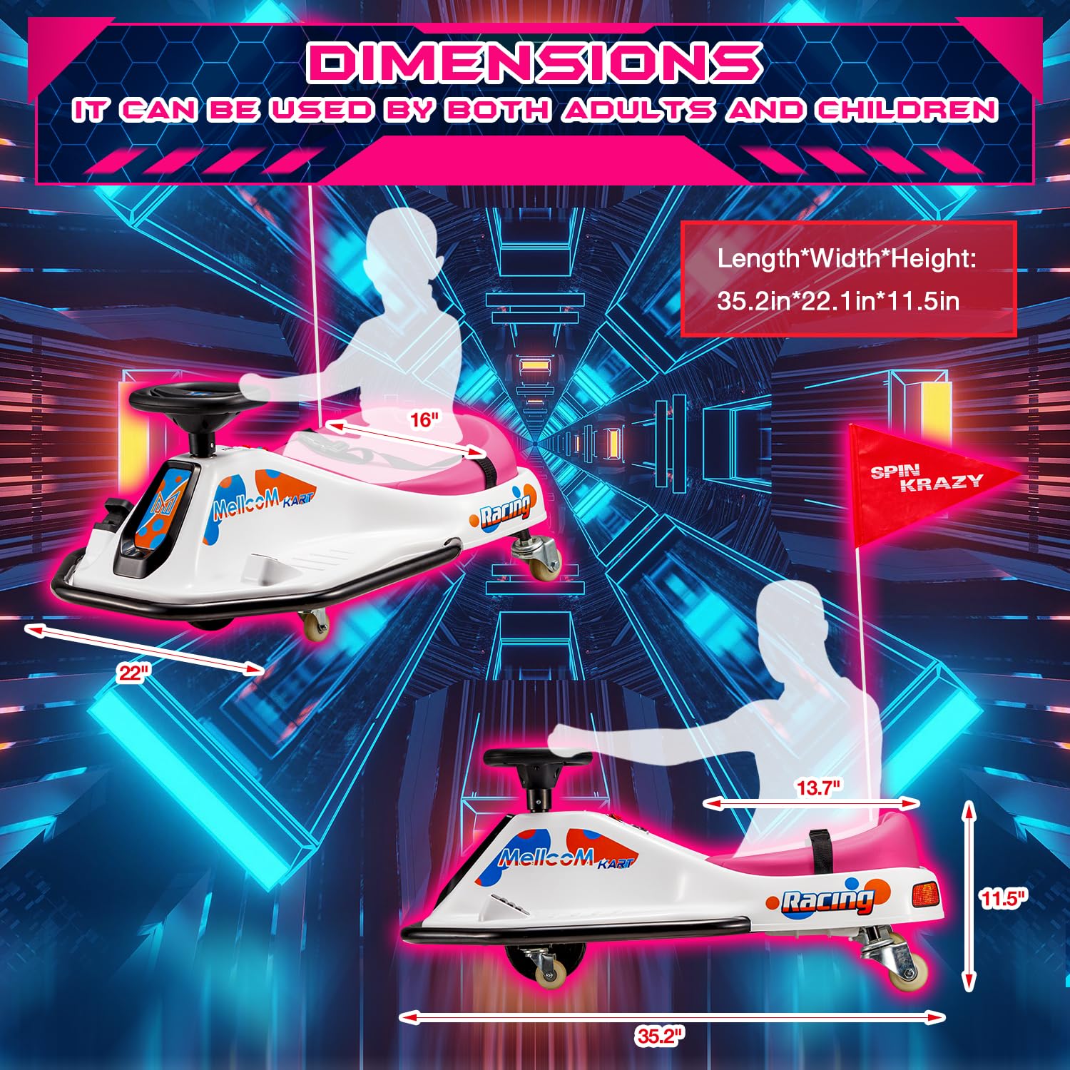 MELLCOM 24V Electric Drifting Go Kart for Kids - 360° Rotatable Wheels, Bluetooth, LED Lights & Music | Ride-On Toy Car with Acceleration Pedal | Perfect for Birthday Gifts, Outdoor Play & Backyard Racing (Pink)