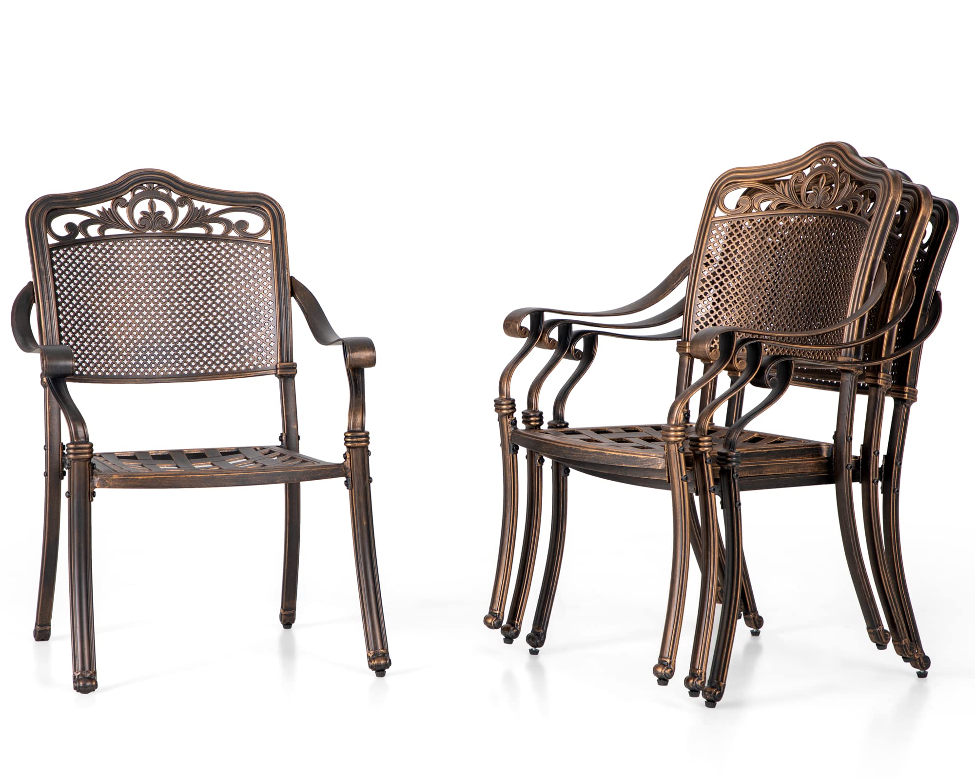 PHI VILLA 4-Piece Outdoor Dining Chairs Set - Cast Aluminum Bistro Chairs with Curved Armrests for Patio, Deck, Balcony & Garden - Golden Bronze - Perfect for Outdoor Entertaining & Relaxation