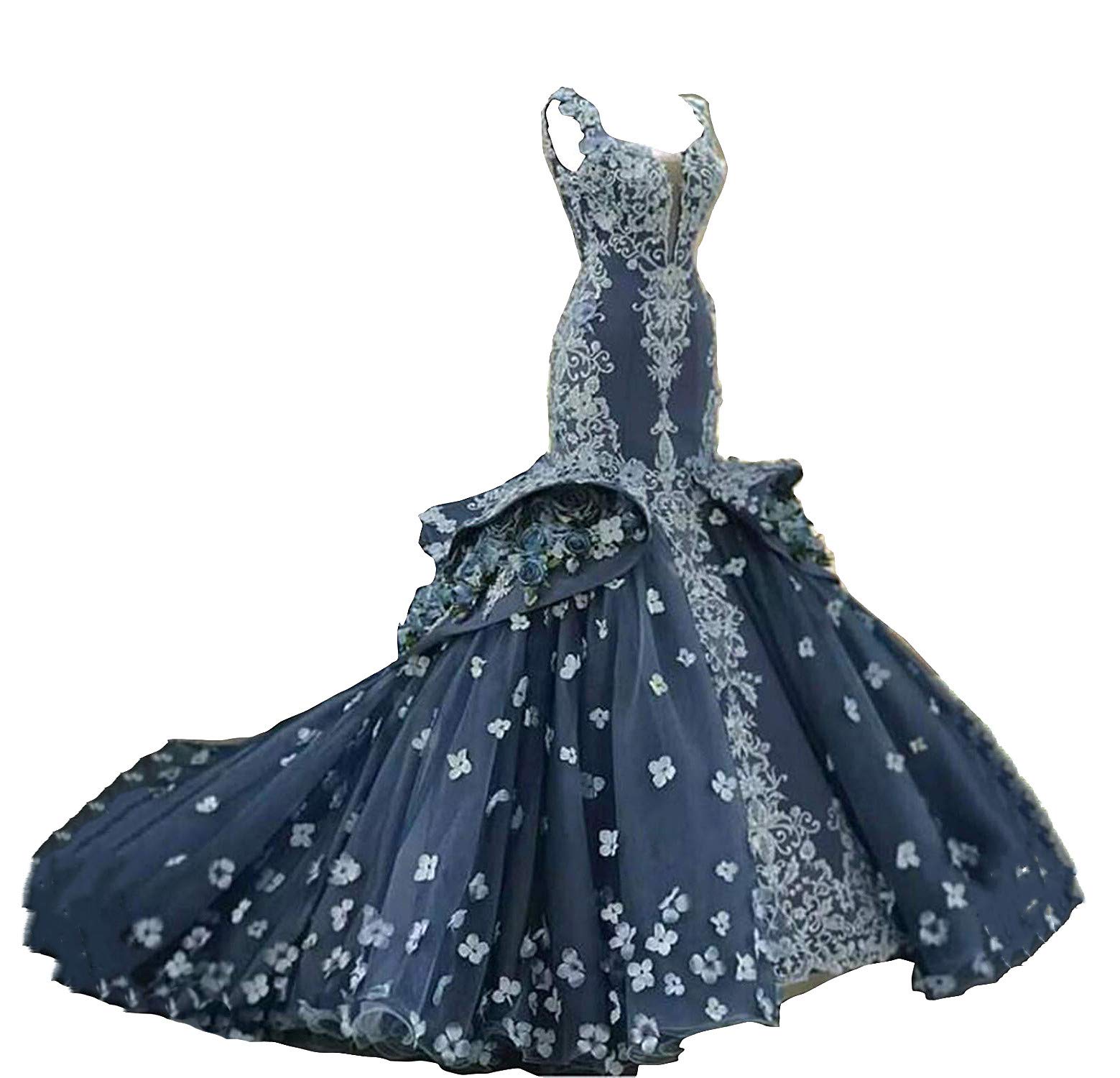 Elegant Navy Blue Mermaid Prom Dress with Floral Embroidery - Perfect for Evening Weddings, Bridal Showers & Formal Events