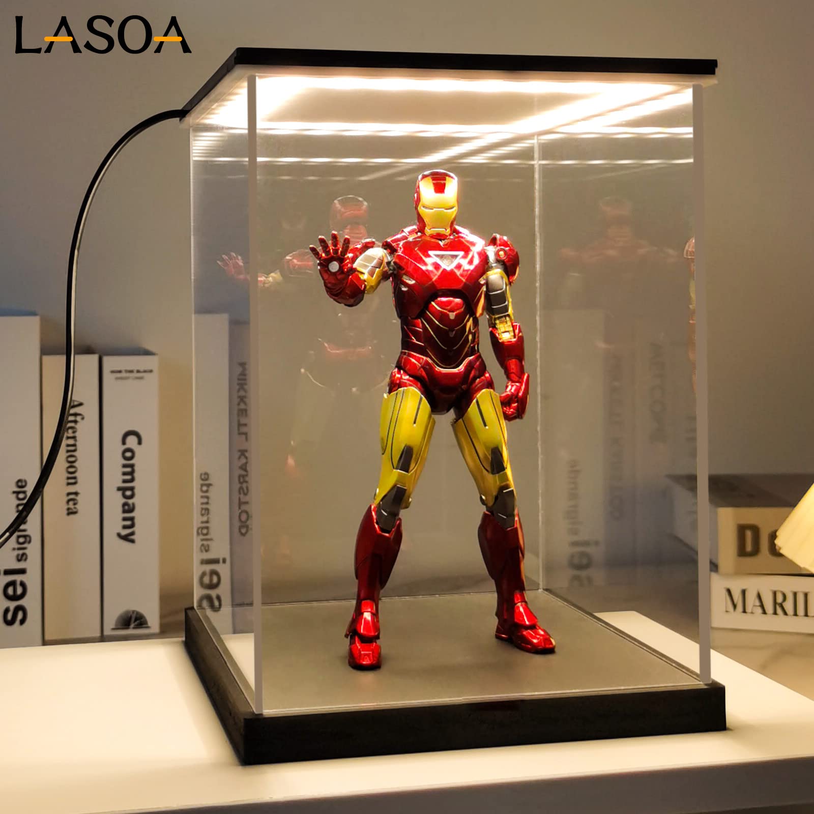 LASOA Acrylic Display Case with LED Lights - 12x12x12 Inch Clear Collectible Showcase Box for Figurines, Memorabilia & Action Figures - Black Base & Lid, Easy Self-Assembly - Perfect for Home Decor, Office Display & Gift Presentation (30x30x30cm)