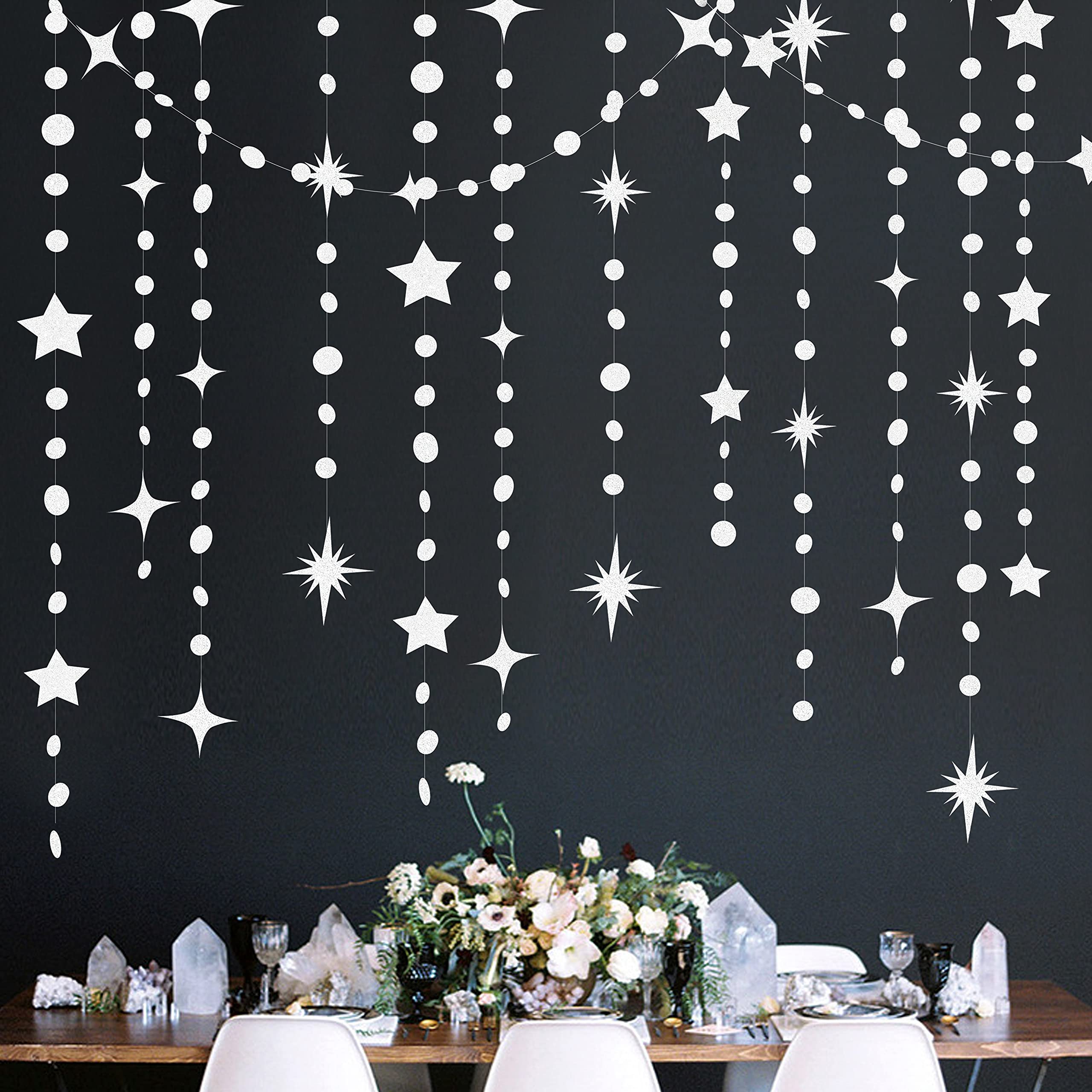 White Star Circle Dot Paper Garland Banner - Glitter Hanging Twinkle Decoration for Birthday, Baby Shower, Wedding & Anniversary Parties | Perfect for Ceiling, Wall & Table Decor