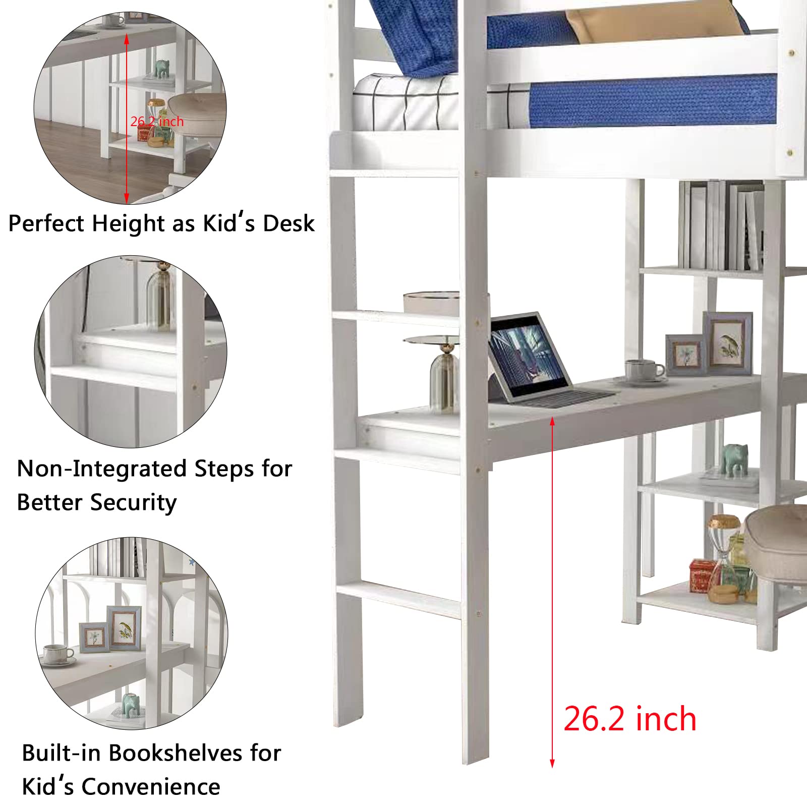 Aoowow Full Size Wood Loft Bed with Study Desk, Storage Shelves & Bookcase - Sturdy High Loft Bed Frame with Safety Guardrail & Ladder for Kids & Teens - No Box Spring Needed (White) - Perfect for Small Bedrooms, Dorm Rooms & Space-Saving Kids' Rooms