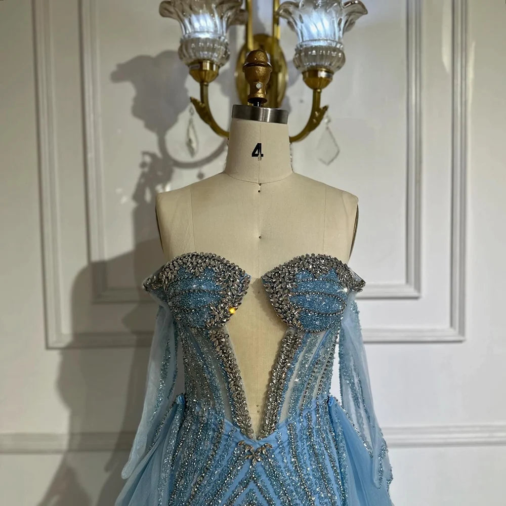 Luxury Dubai Arabia Blue Mermaid Evening Dress with Gloves & Overskirt - Formal Gown for Prom, Wedding, Red Carpet Events | Elegant Women's Party Dress LA72582