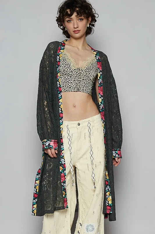 Boho Beachy Floral Trim Lace Open Front Longline Cardigan for Women - Lightweight Summer Cover Up, Beach Wedding, Vacation Outfit, Casual Loungewear