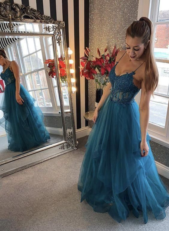 Elegant Blue Tulle Lace Long Prom Dress for Women - Formal Evening Gown J4493 | Perfect for Homecoming, Wedding Guest, and Special Occasions