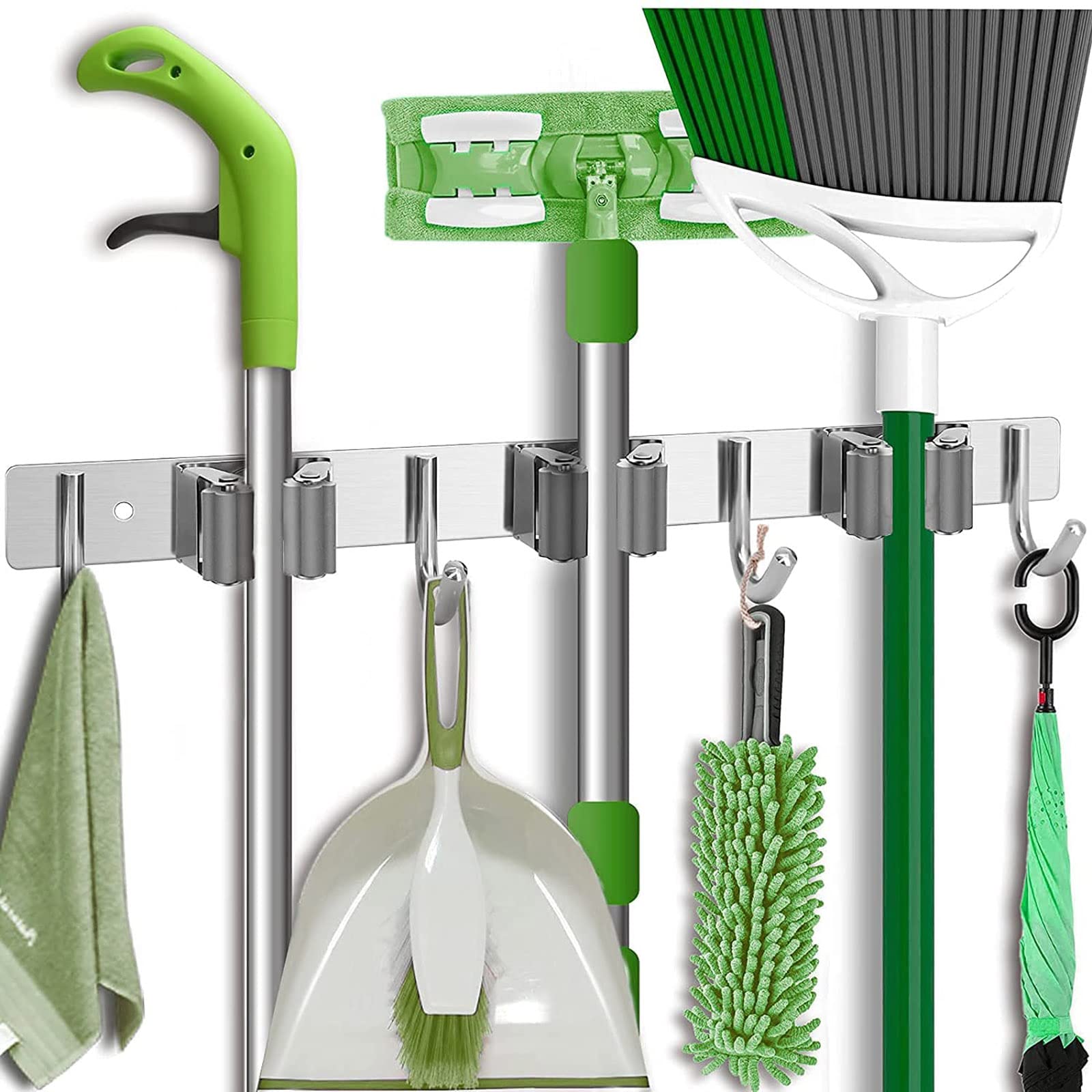 Stainless Steel Broom and Mop Holder Wall Mount - Heavy Duty Storage Organizer with 3 Racks & 4 Hooks for Bathroom, Kitchen, Office, Closet, Garden - Perfect for Organizing Cleaning Tools and Maximizing Space