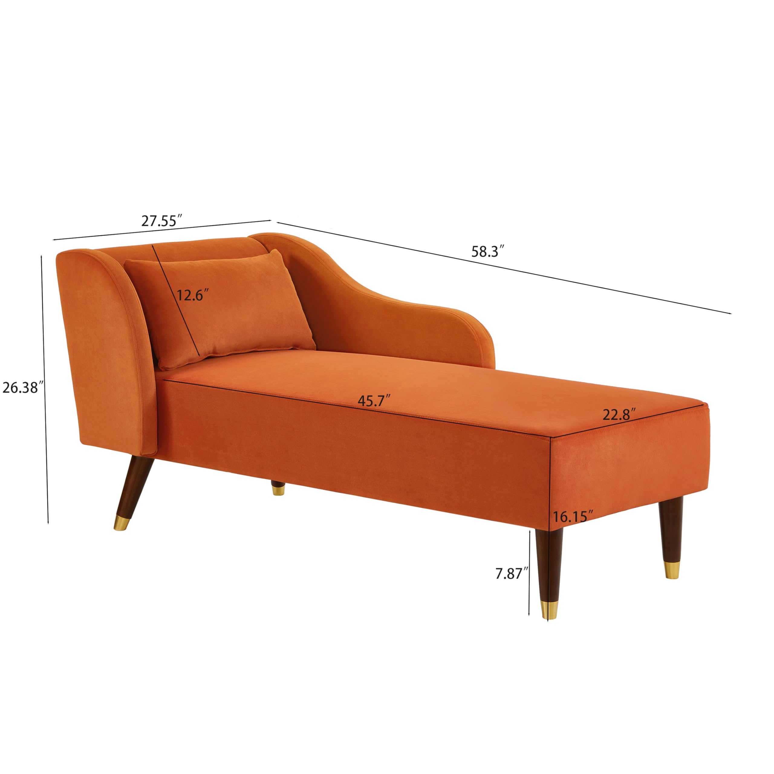 Velvet Upholstered Chaise Lounge Chair with Pillow - Solid Wood Legs Modern Indoor Lounge Chair for Living Room, Bedroom & Office - Comfortable Orange Accent Furniture for Relaxing, Reading & Napping