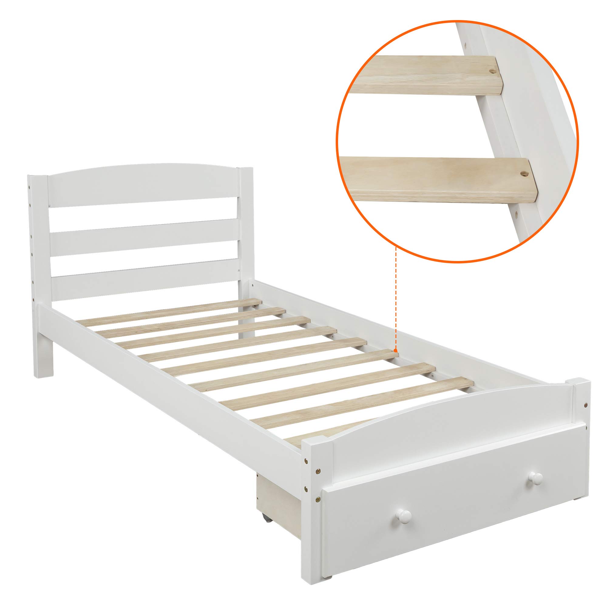 Solid Wood Twin Bed Frame with Storage Drawer & Headboard - Sturdy Slat Support, No Box Spring Needed - Perfect for Kids, Teens & Adults Bedrooms - White Modern Platform Bed for Home, Dorm or Guest Room