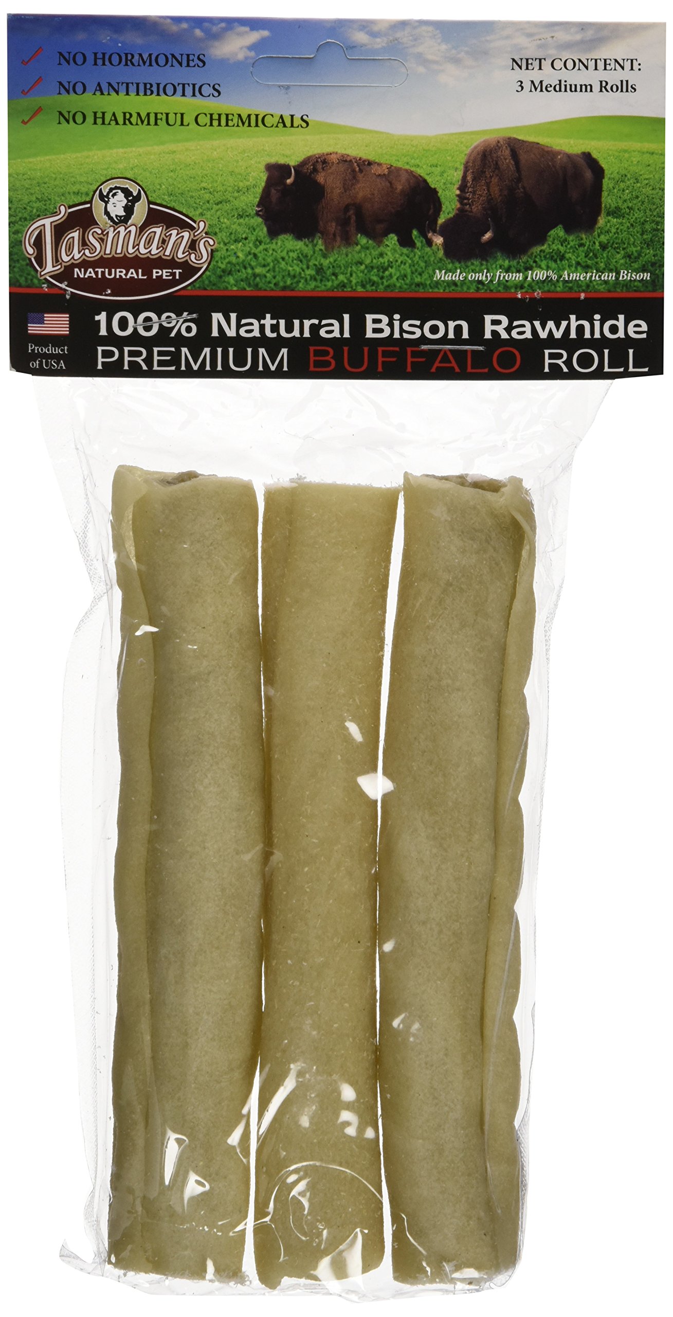 Tasman's Natural Pet All-Natural Buffalo Rawhide Rolls - 3 Medium Rolls for Dogs, Healthy Chewing Treats for Dental Care & Anxiety Relief - Perfect for Training, Teething, and Playtime