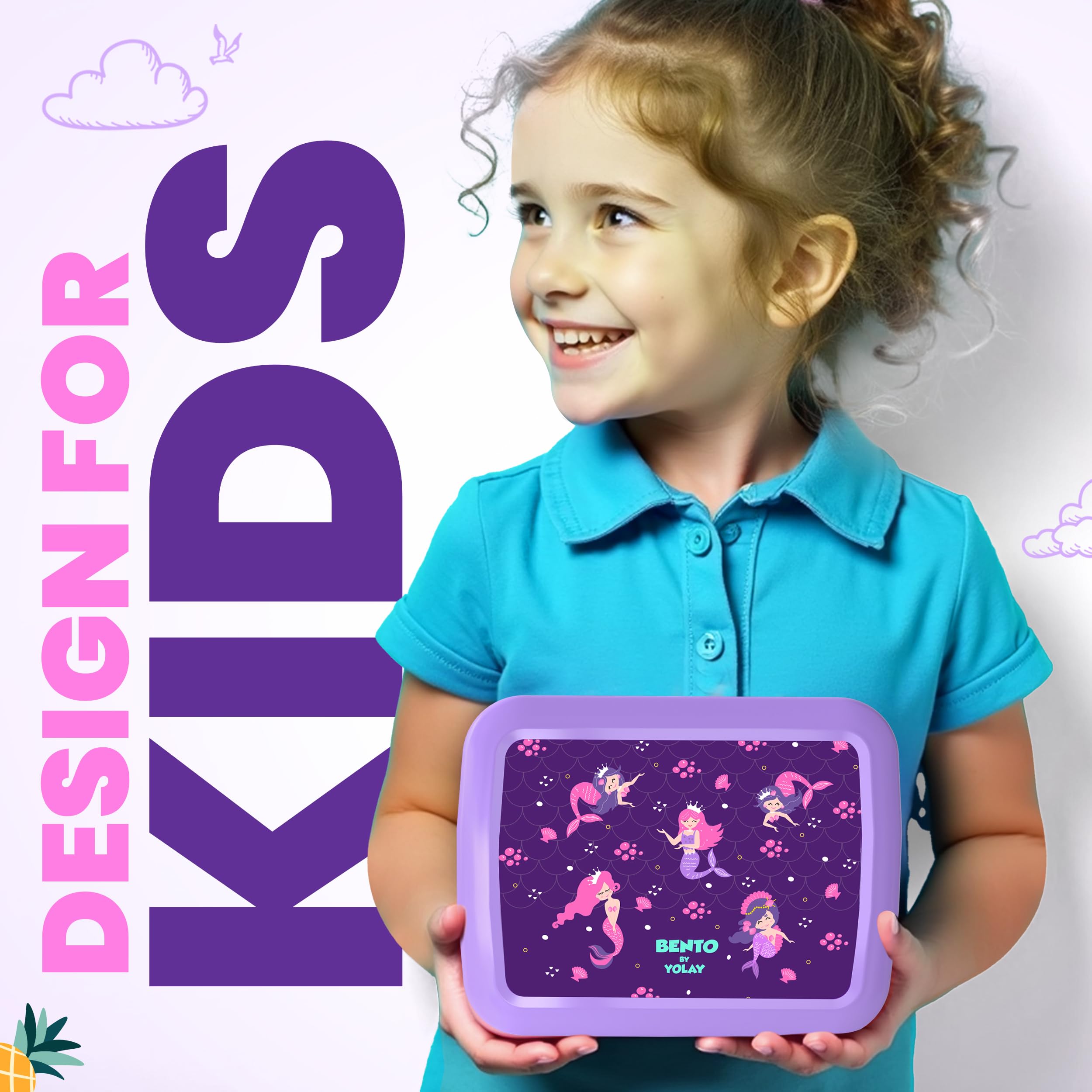 Leak-Proof Kids Bento Lunch Box with 5 Compartments - Durable, Anti-Slip Base for Ages 3-10 | Perfect for School, Travel, Picnics & Outdoor Activities (Mermaid Design)