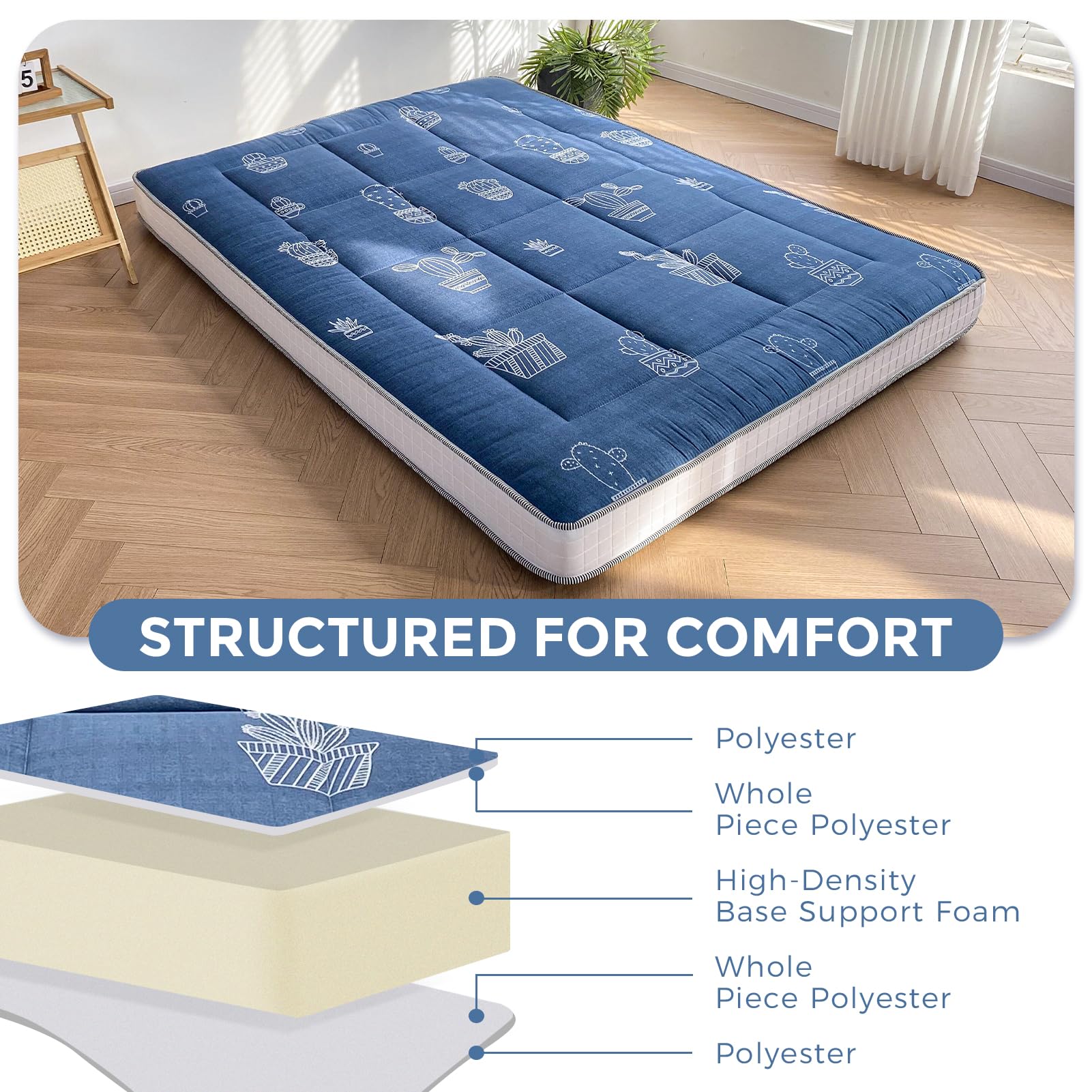 MAXYOYO 6-Inch Extra Thick Futon Mattress - Foldable Floor Mattress with Cactus Design for Adults & Guests | Perfect for Camping, Sleepovers & Small Space Living