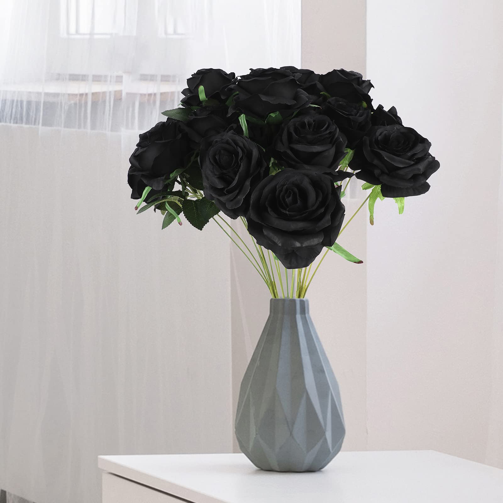 Firlar Artificial Black Rose Flower Stems - 7 Rose Heads with Leaves for Floral Arrangements, Bridal Bouquets, Wedding Decor, Home, Garden, Party, Hotel & Office Decorations - Perfect for Centerpieces, DIY Crafts, and Seasonal Displays