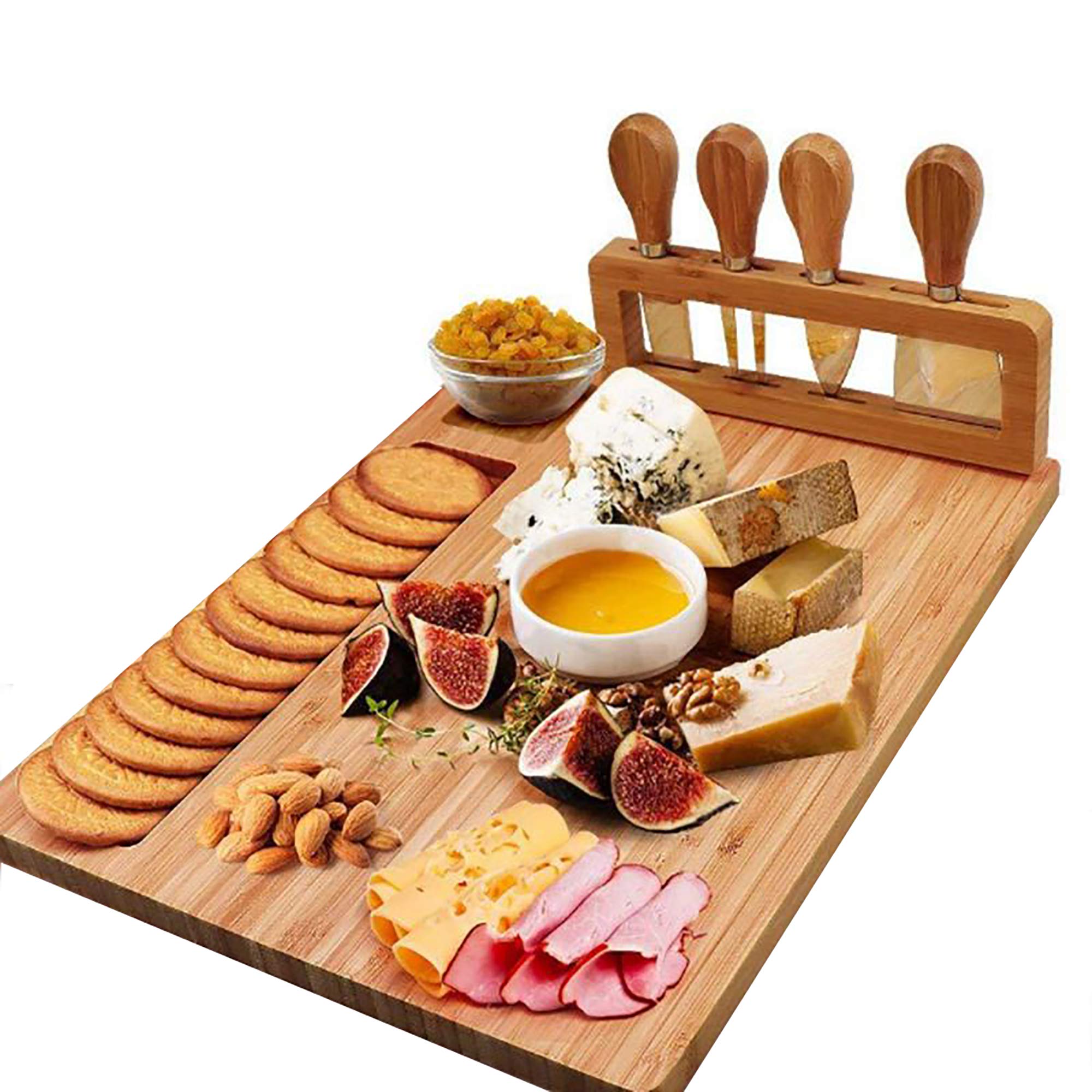 Premium Bamboo Cheese Board Set - Elegant Charcuterie Platter & Serving Tray for Cheese, Fruits, Nuts | Perfect for Christmas Gifts, Wedding Parties, Birthday Celebrations & Anniversary Events | Great for Entertaining Guests, Wine Pairings & Charcuterie Displays