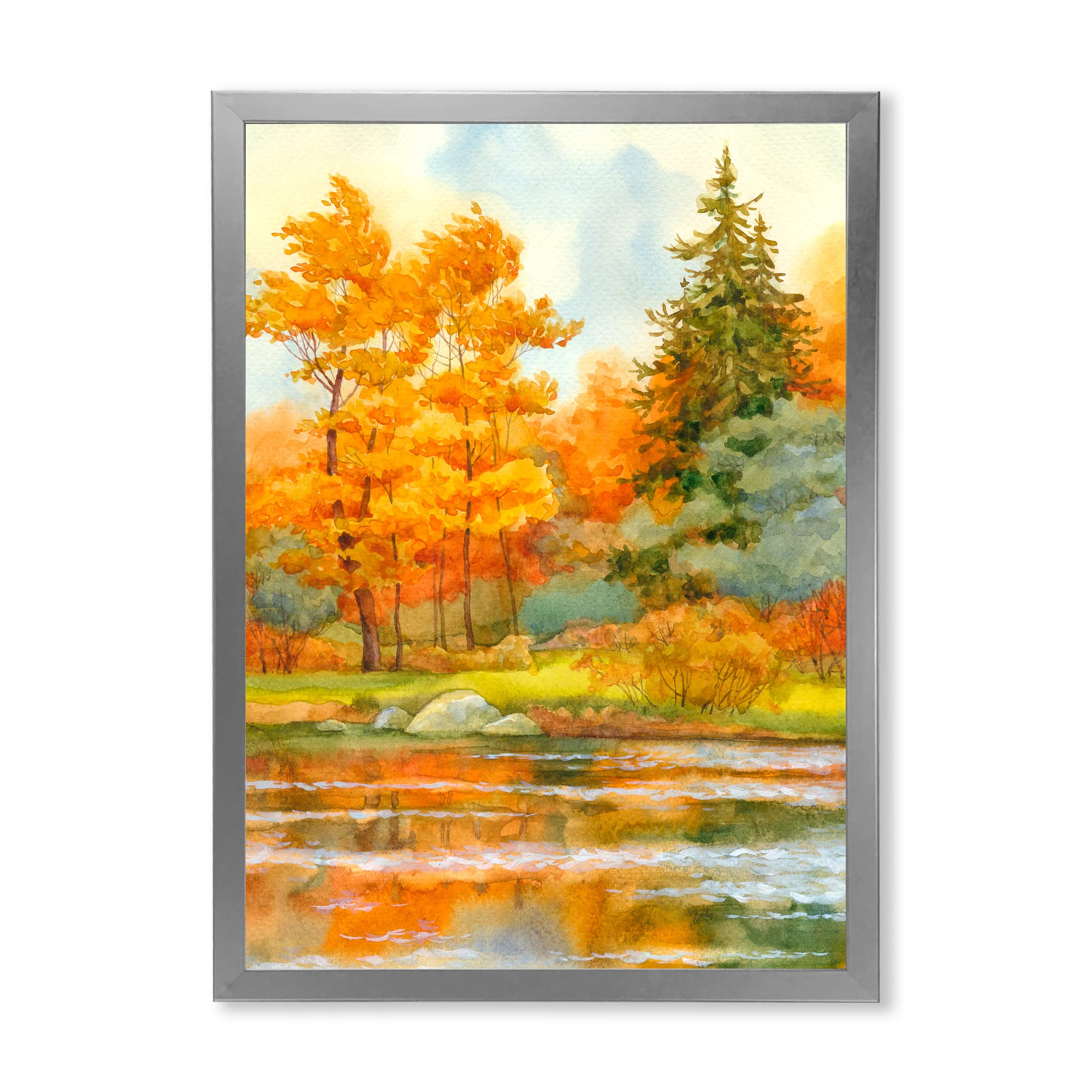 DesignQ Autumn Forest Lakeside Landscape Framed Wall Art - Perfect for Living Room, Bedroom & Office Decor