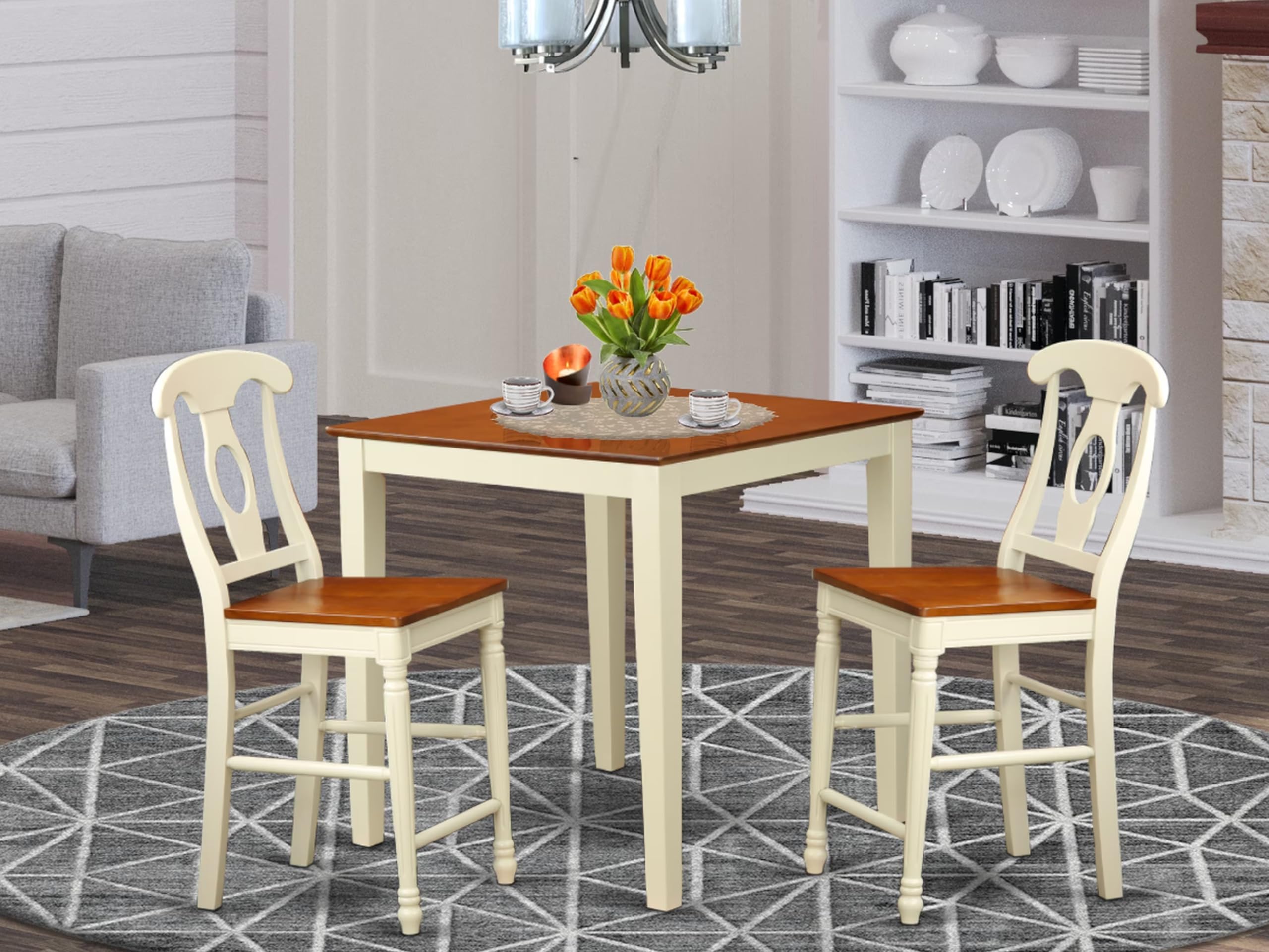 East West Furniture VNKE3-WHI-W 3-Piece Kitchen Counter Set - 36x36 Inch Square Dining Table & 2 Chairs, Buttermilk & Cherry Finish - Space-Saving Solution for Small Kitchens, Apartments & Breakfast Nooks