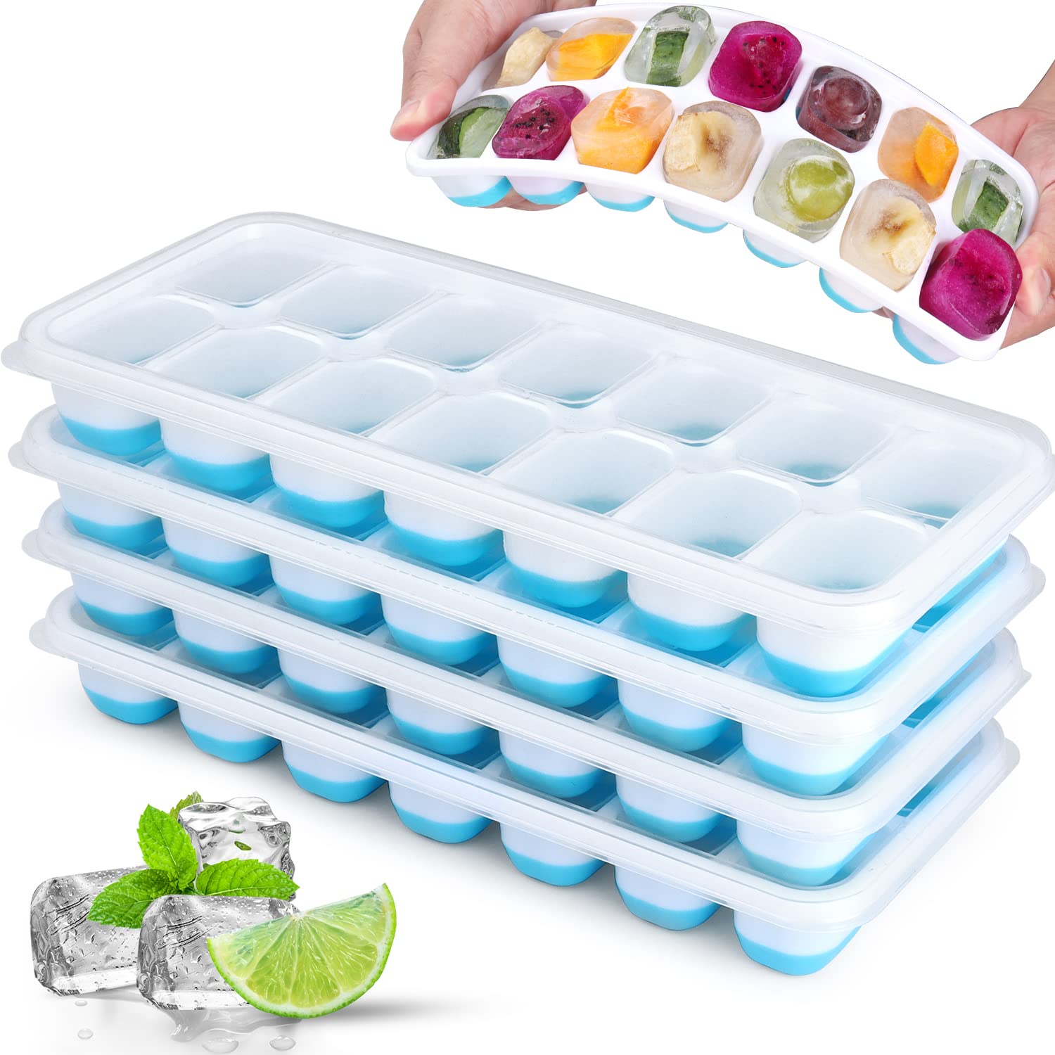 **4 Pack Silicone Ice Cube Trays - Easy Release, Flexible & Spill-Proof with Removable Lids - Stackable Freezer Ice Cube Molds for Cocktails, Drinks & Party (Blue)**    Perfect for cocktails, iced coffee, smoothies, and entertaining guests at parties!