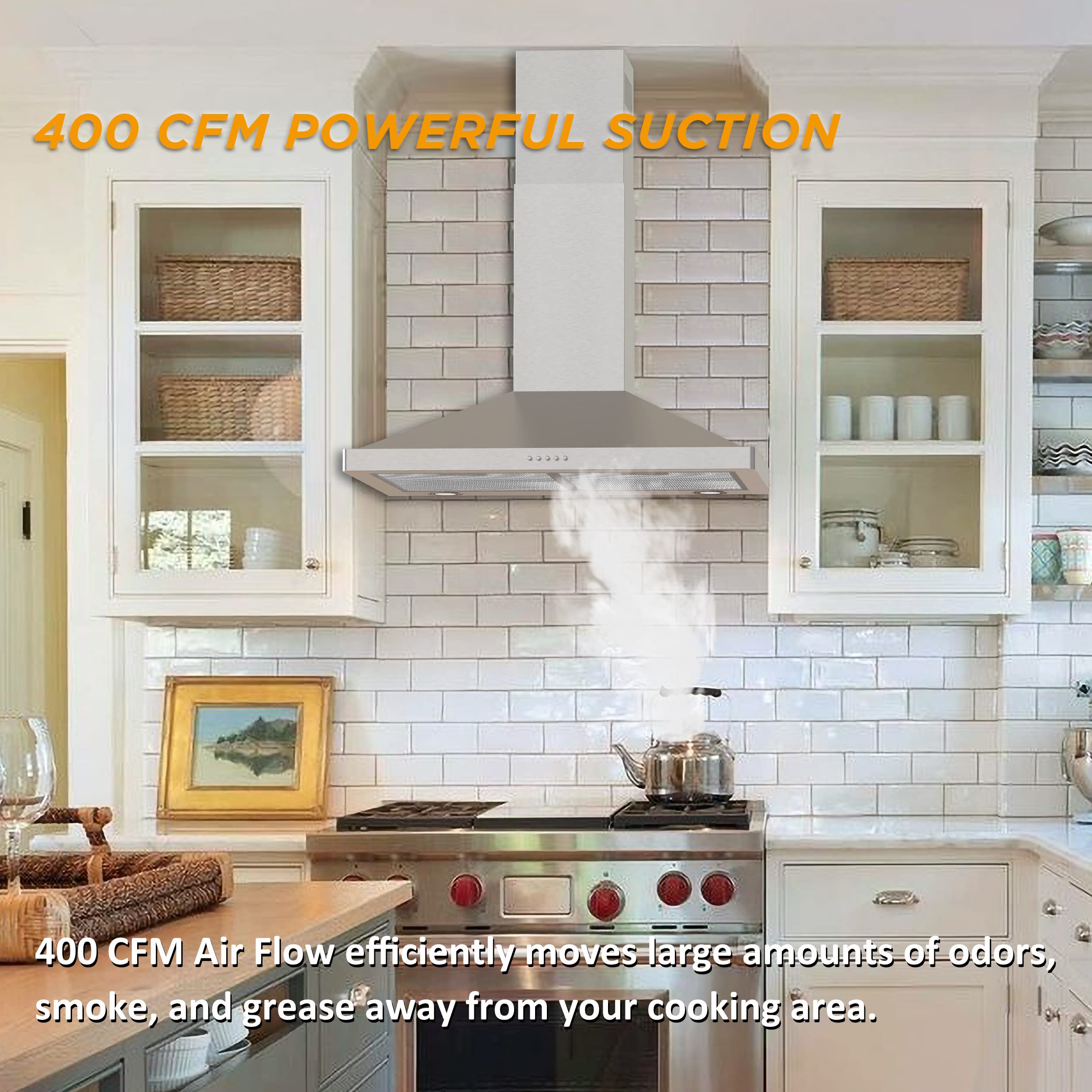 FIREGAS 30-inch Wall Mount Range Hood - 400 CFM Stainless Steel Kitchen Vent Hood with 3-Speed Exhaust Fan | Ducted/Ductless Convertible Design, LED Lights & Push Button Controls | Includes Charcoal Filters - Perfect for Modern Kitchens & Home Renovations