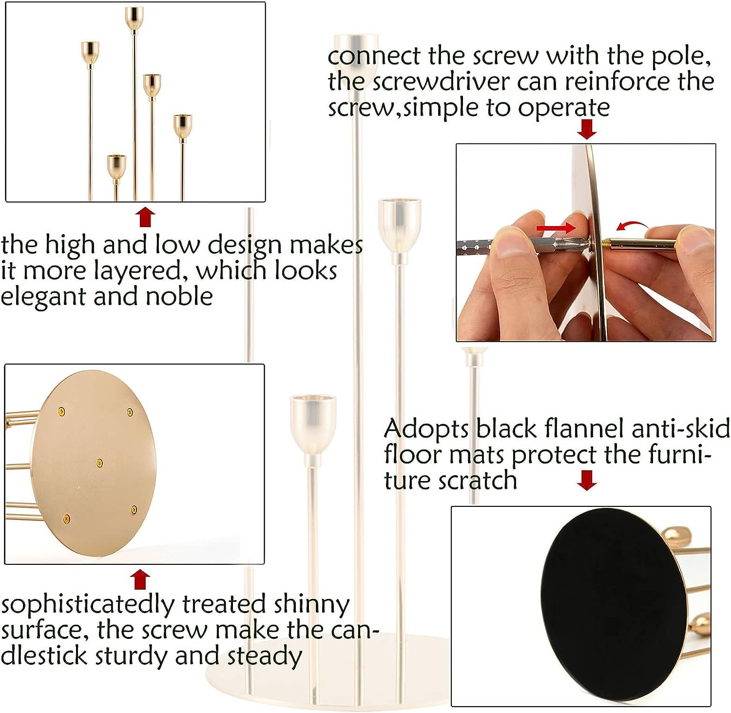 VINCIGANT 8-Piece Gold Taper Candle Holder Set - Elegant 5-Arm Metal Candelabra for Halloween, Weddings & Parties - Fits 0.78