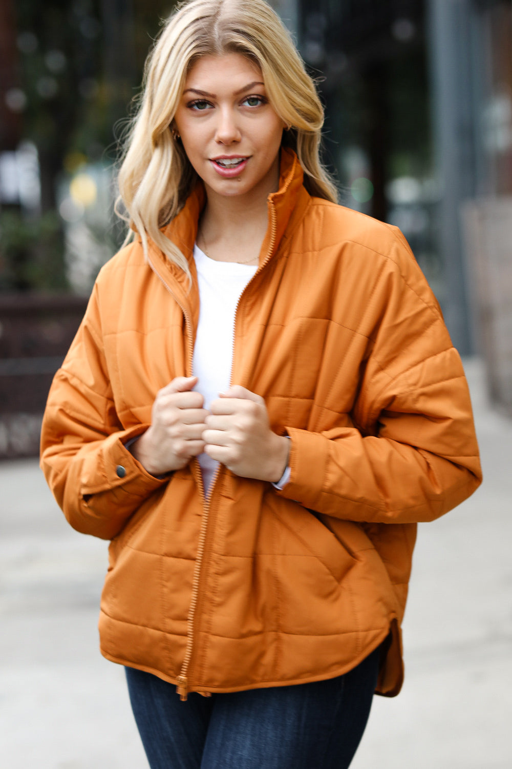 Butterscotch Quilted Puffer Jacket for Women - Warm Winter Coat with Stand Collar | Stylish Outerwear for Cold Weather, Outdoor Activities & Daily Commute