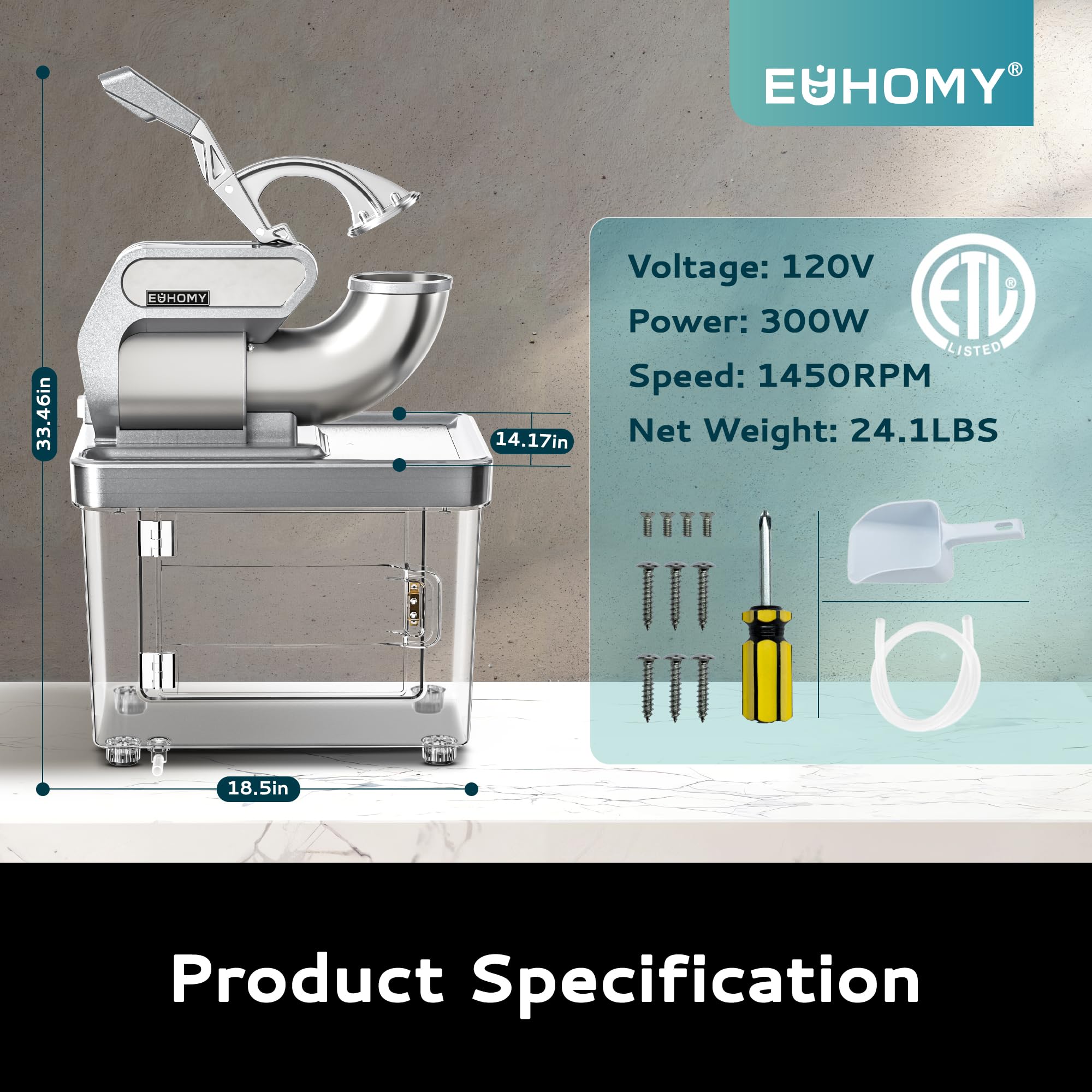 EUHOMY 300W Commercial Ice Crusher - 661Lbs/Hour High Capacity, ETL Certified Dual Blade Snow Cone Maker, Easy Clean Electric Shaved Ice Machine with Safety Switch - Perfect for Restaurants, Bars, Parties & Home Use (Silver)