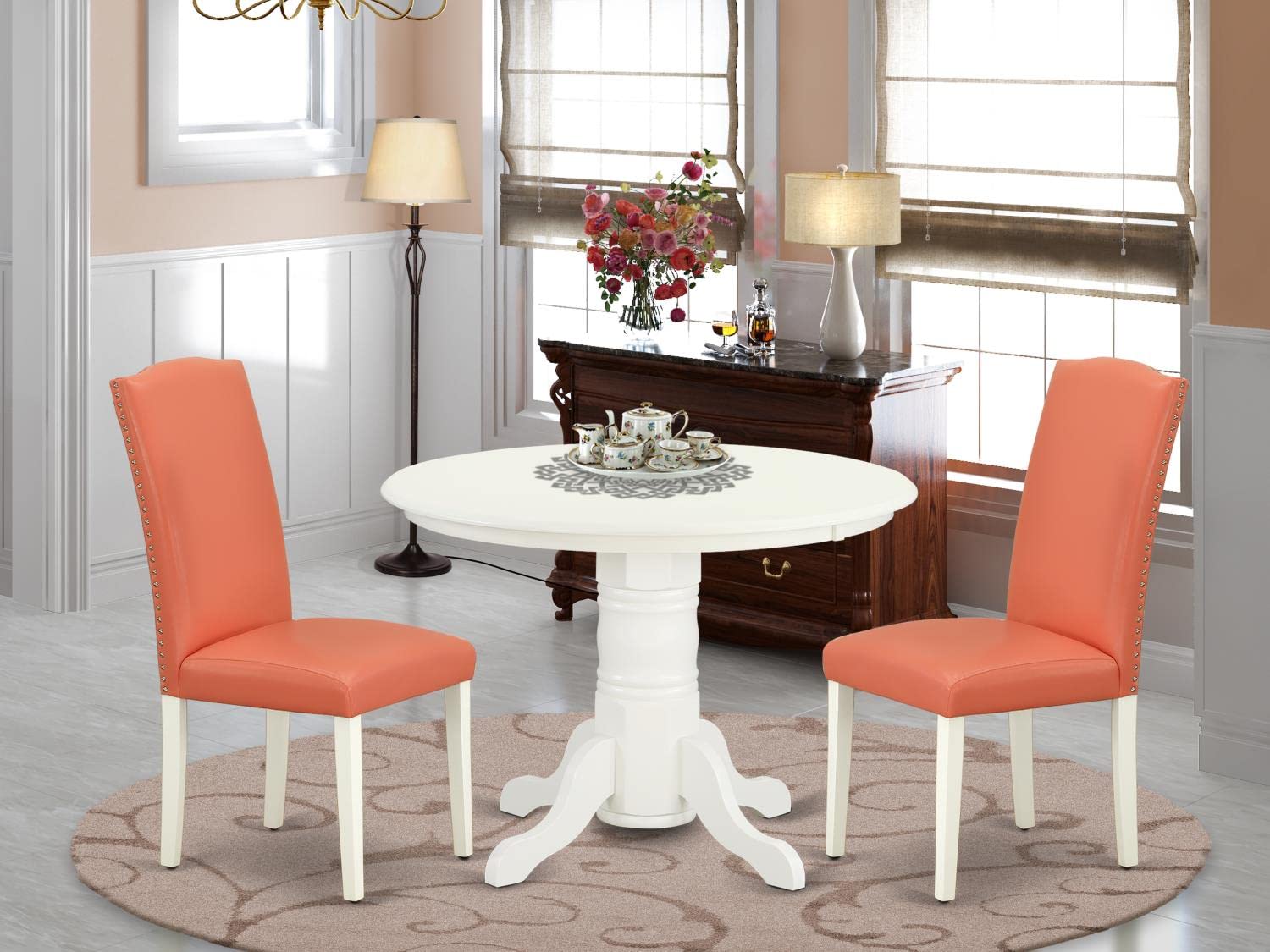 East West Furniture 3-Piece Round Dining Table Set with Pedestal Base & 2 Pink Flamingo Faux Leather Chairs, 42x42 Inch, Linen White - Perfect for Small Kitchen, Breakfast Nook or Cozy Apartment Dining Area