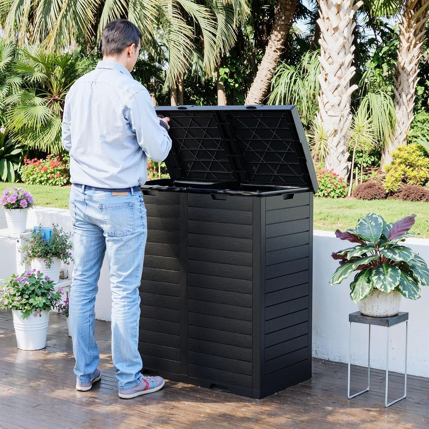 Heavy-Duty Outdoor Trash Can with Lid - Waterproof Resin Garbage Bin with Pull-Out Liquid Drawer & Dual Lid Closure - Ideal for Patio, Backyard, Deck, Garden, and Poolside (Black) - Perfect for Outdoor Entertaining and Waste Management