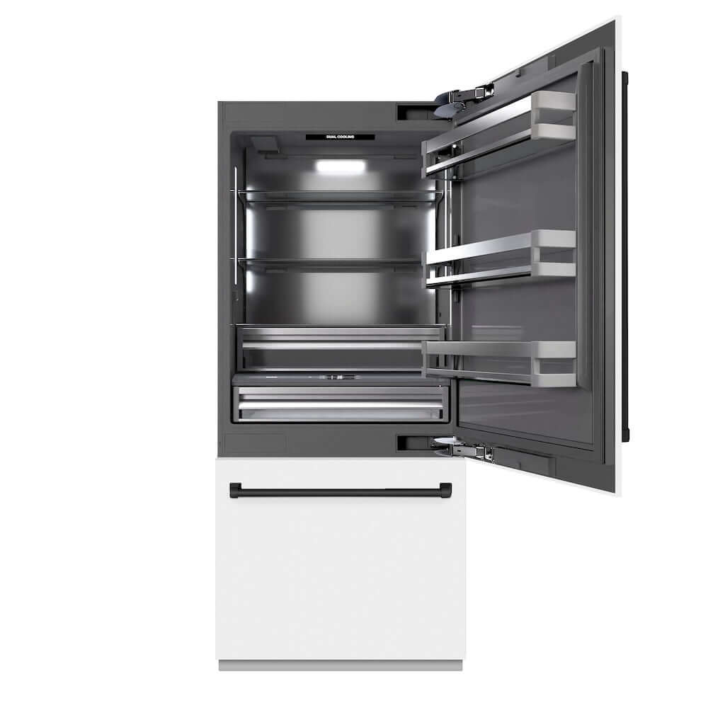 ZLINE Autograph Edition 36 Inch Built-In Bottom Freezer Refrigerator - 19.8 cu ft Capacity, Water Dispenser & Ice Maker - White Matte Exterior with Graphite Gray Interior & Matte Black Accents (GRBITZ WM 36 MB) - Perfect for Modern Kitchens, Open Concept Homes & Luxury Appliances Collection