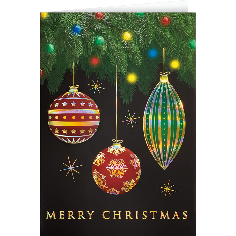 25 Personalized Christmas Cards with Foil-Lined Envelopes - Twinkling Tree Ornaments Design for Holiday Greetings, Business & Personal Use - Perfect for Office Gifts, Family & Friends Festive Wishes