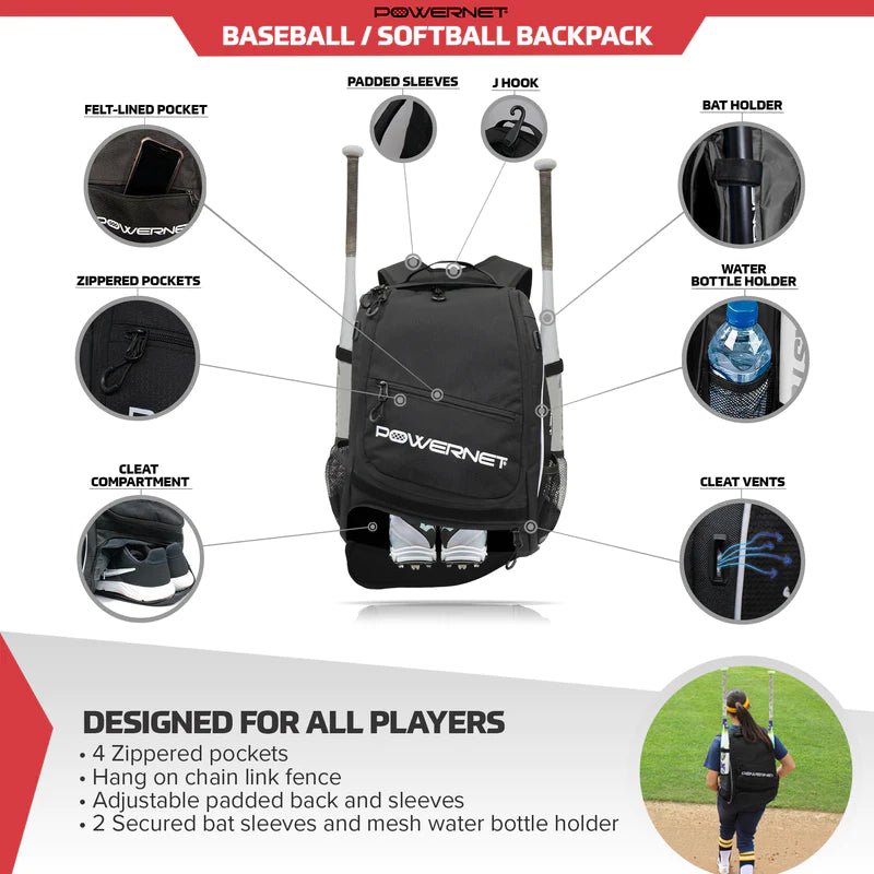 PowerNet Youth Starter Backpack - Dual Baseball Bat & Cleat Carrier for Kids | Perfect for Little League Practice & Games