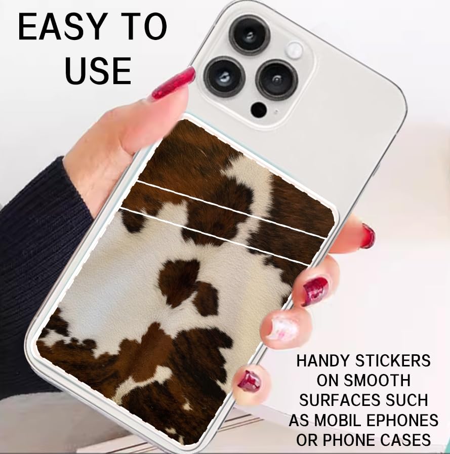 Leather Stick-On Phone Wallet - Cute Dual Pocket Credit Card Holder for Back of Phone Case | Compatible with Most Smartphones | Retro Brown Cow Print Design | Perfect for Hands-Free Shopping, Travel & Daily Use
