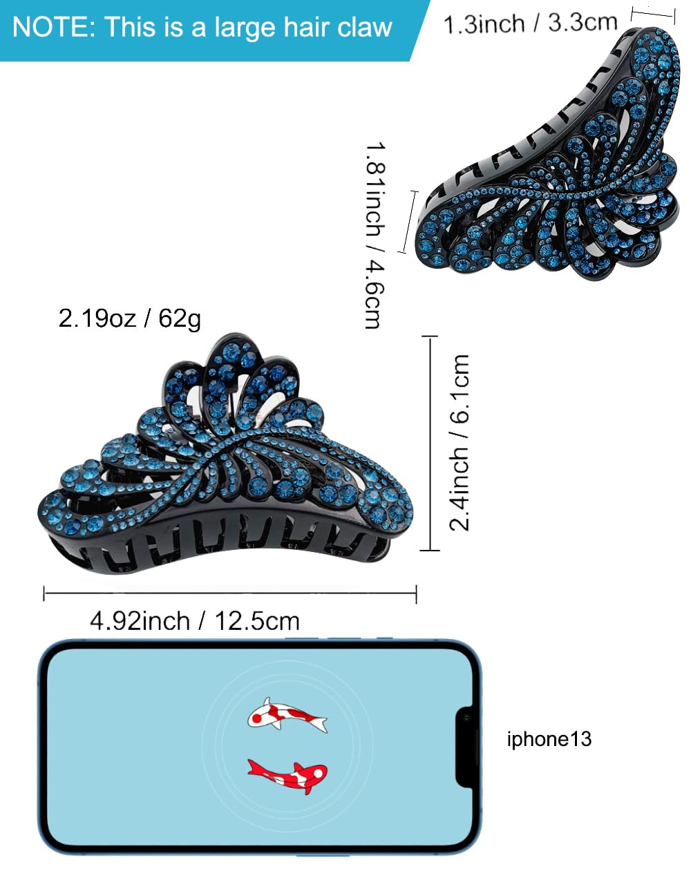 5 Inch Large Hair Claw Clips with Blue Rhinestones - Non-Slip Leaf Design Plastic Jumbo Jaw Clips for Women, Strong Hold for Thick & Long Hair - Perfect for Updos, Ponytails & Everyday Styling