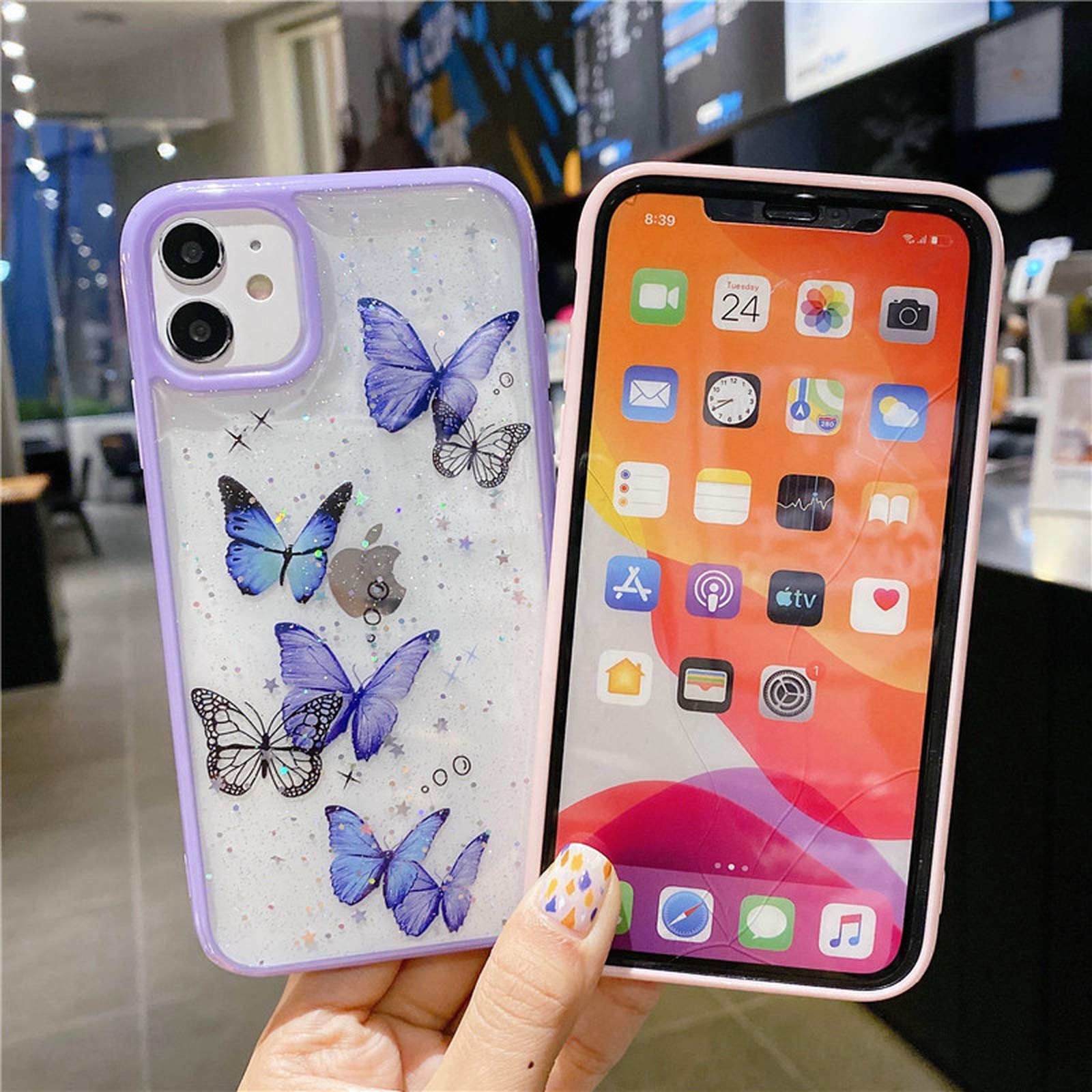 Gorgeous Clear Glitter Butterfly Soft Phone Case for iPhone 12 Mini 11 Pro Max Xs Max Xr X 6S 7 8 Plus SE - Cute Shell Green - Perfect for Everyday Use and Gift Giving