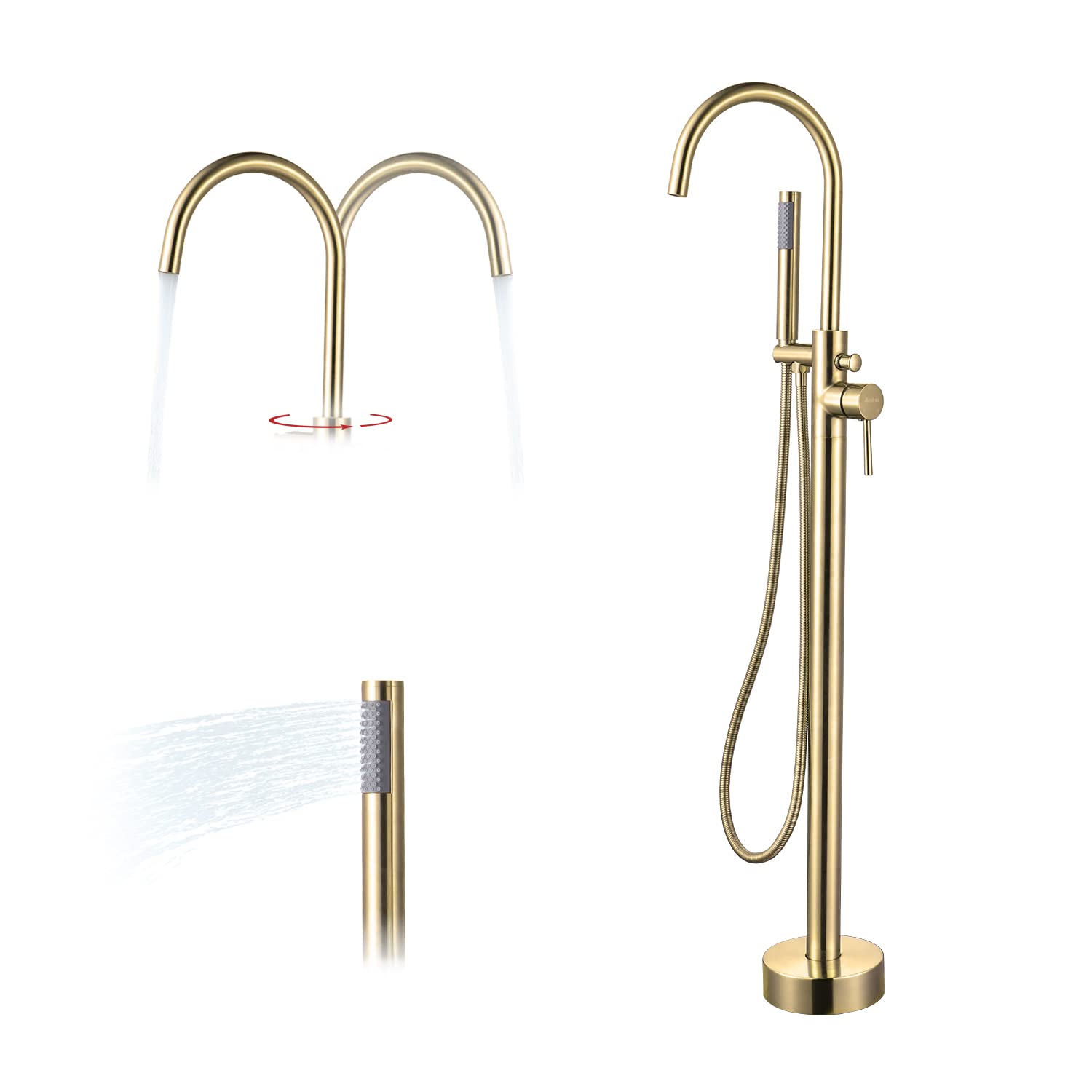 Freestanding Bathtub Faucet Brushed Gold - High Flow Brass Tub Filler with Hand Shower & Sprayer, Single Handle Floor Mount Faucet with Diverter for Luxury Bathroom & Spa Experience - JIAENLEMA