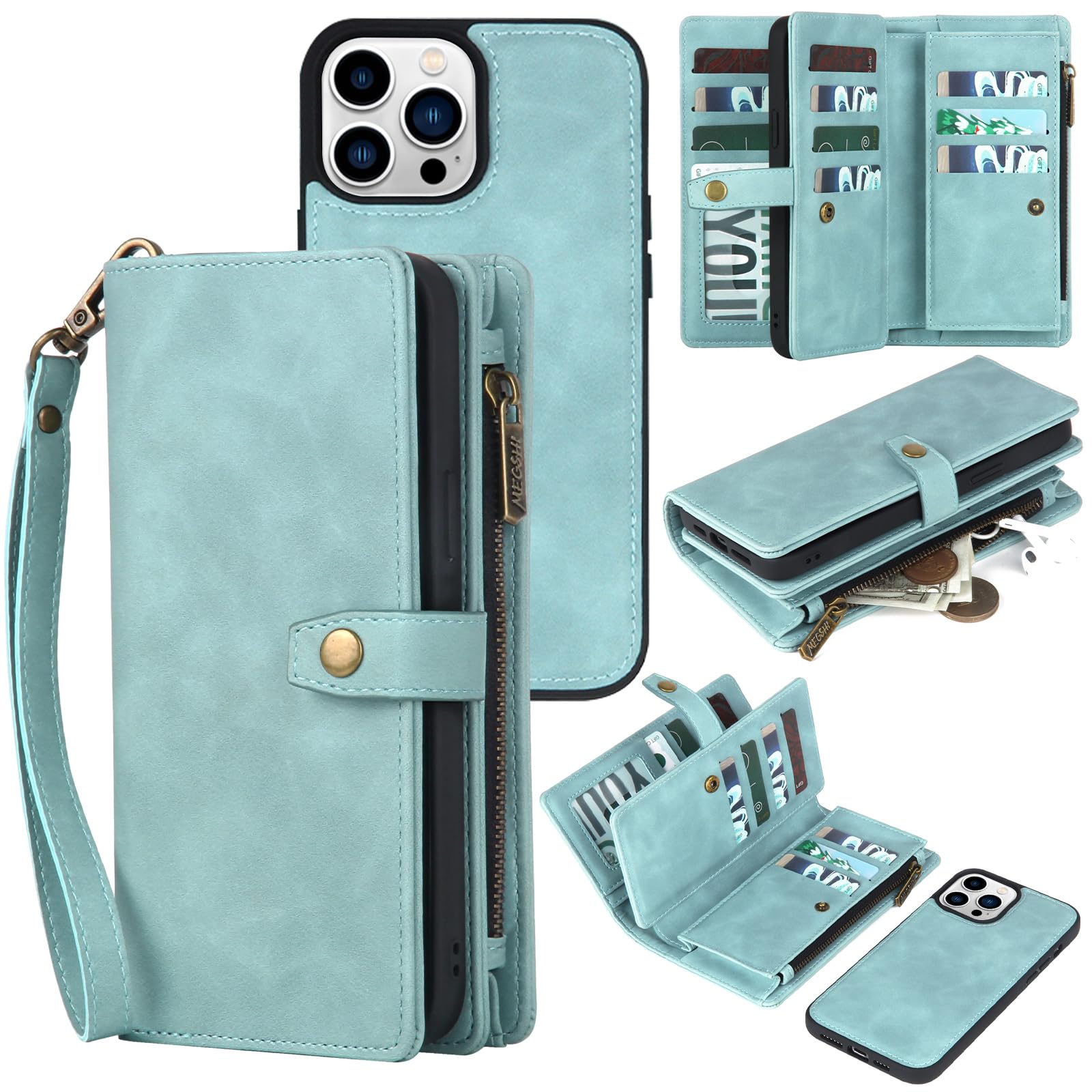Magnetic Detachable TwoHead Wallet Case for iPhone 15 Pro Max (6.7 Inch) - Shockproof Leather Phone Cover with Card Holder - Blue | Perfect for Business Travel, Daily Commute & Hands-Free Convenience