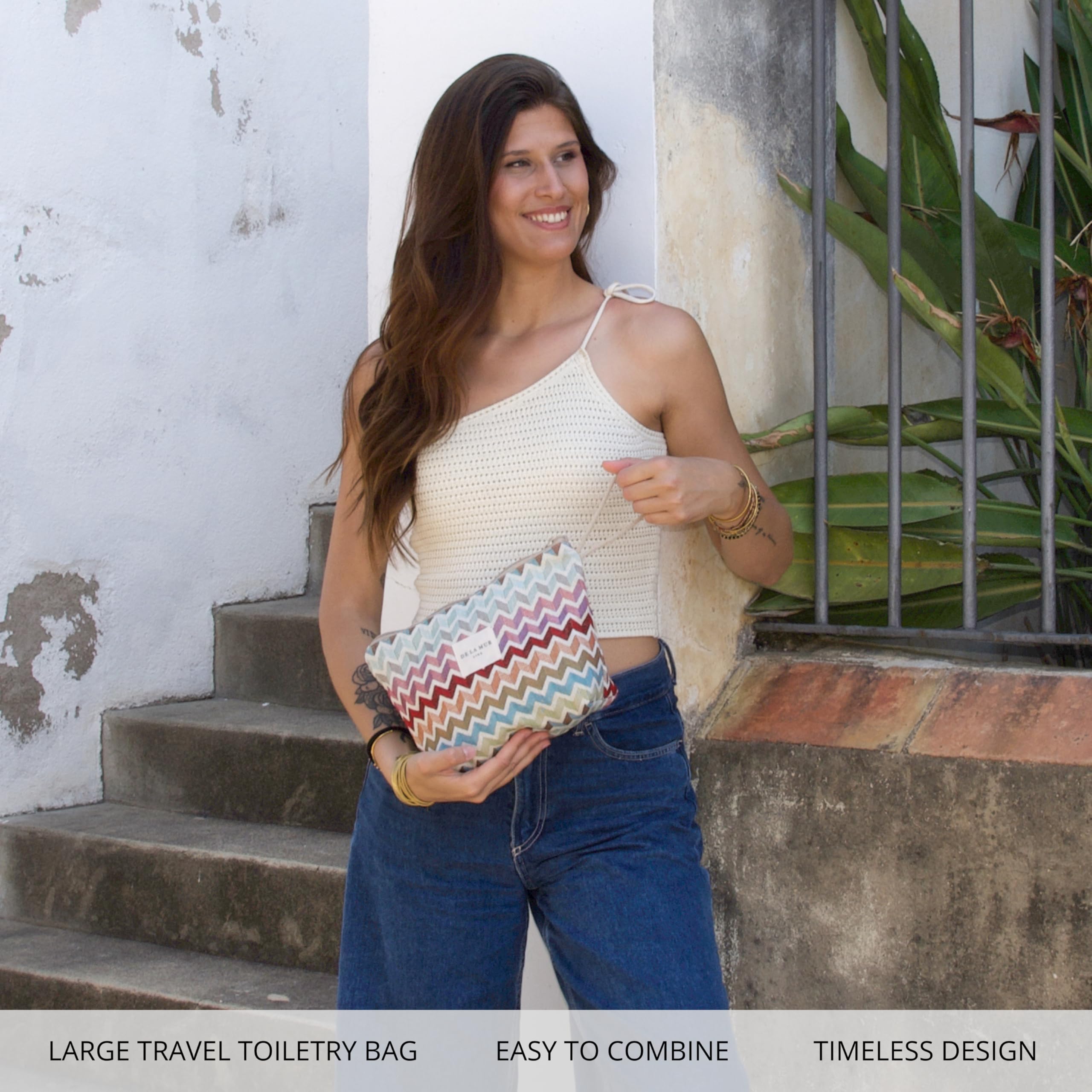 Large Chevron Travel Makeup Bag for Women - Stylish Spacious Cosmetic Organizer & Durable Toiletry Bag | Perfect for Travel, Skincare & Daily Essentials | Made in Barcelona Spain | Ideal for Vacations, Gym & Weekend Getaways