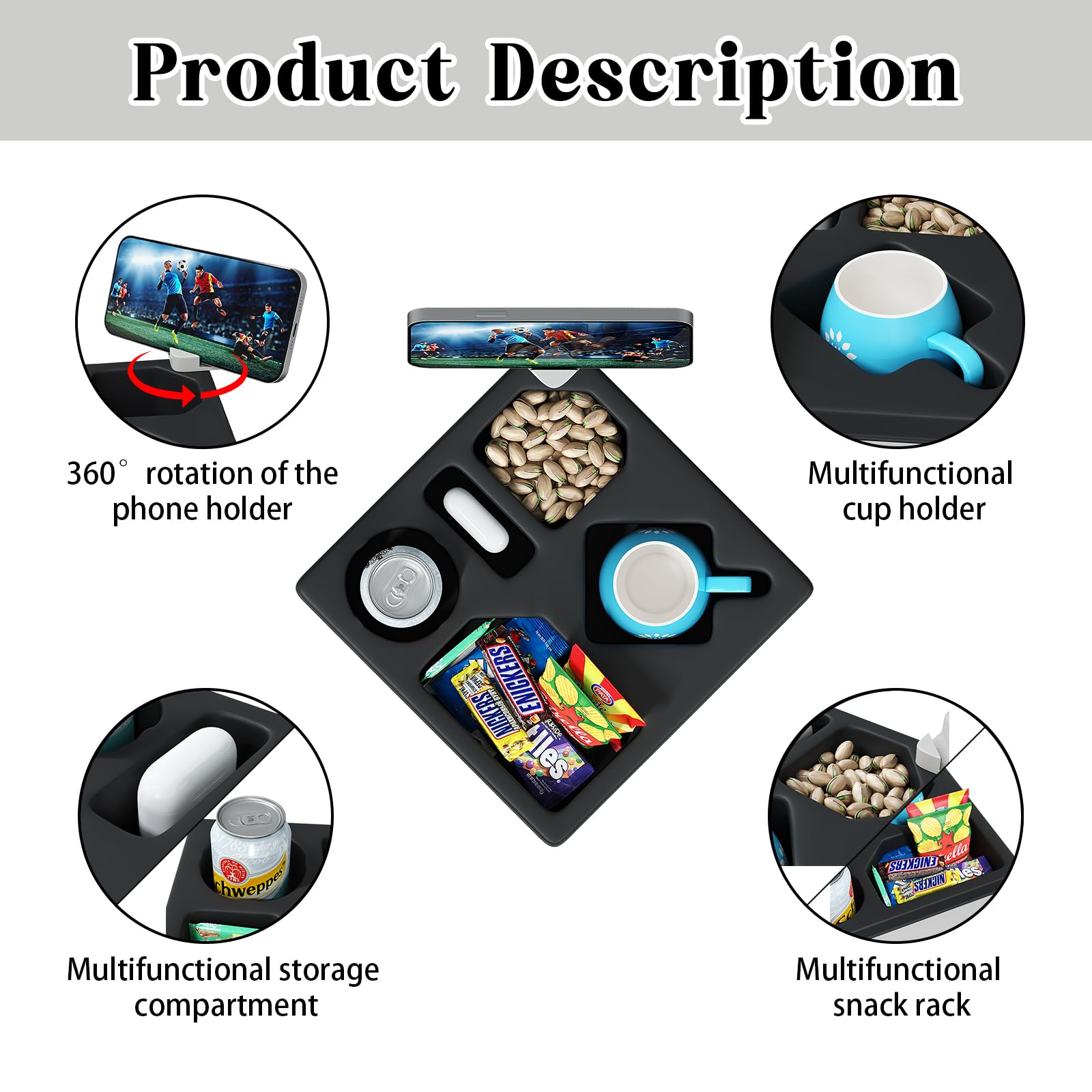Rotatable Couch Caddy with Phone Holder - Sofa & Bed Cup Holder Tray Organizer - Waterproof Drink Holder for Beverages, Snacks & Remote Control - Perfect for Living Room, Bedroom & Home Theater (Black)
