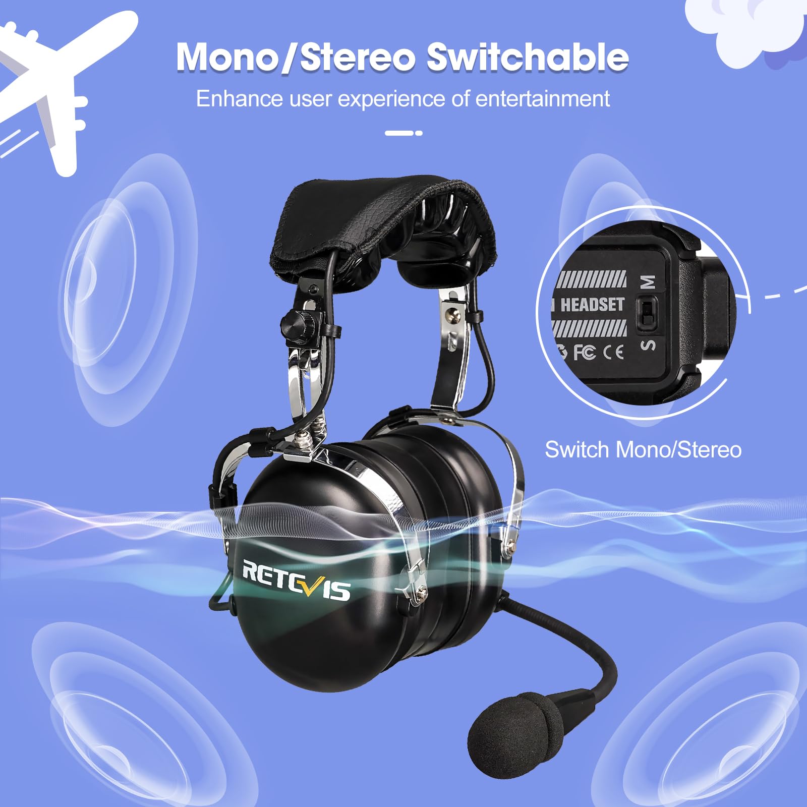 Retevis EHG001 Aviation Pilot Headset with Noise Reduction, Adjustable Headband & Gel Ear Seals - Mono/Stereo 3.5mm Jack - Includes Carrying Bag - Perfect for Student Pilots, Flight Training & Backseat Passengers (1 Pack) - Ideal for Flight Schools, Private Planes & General Aviation Use