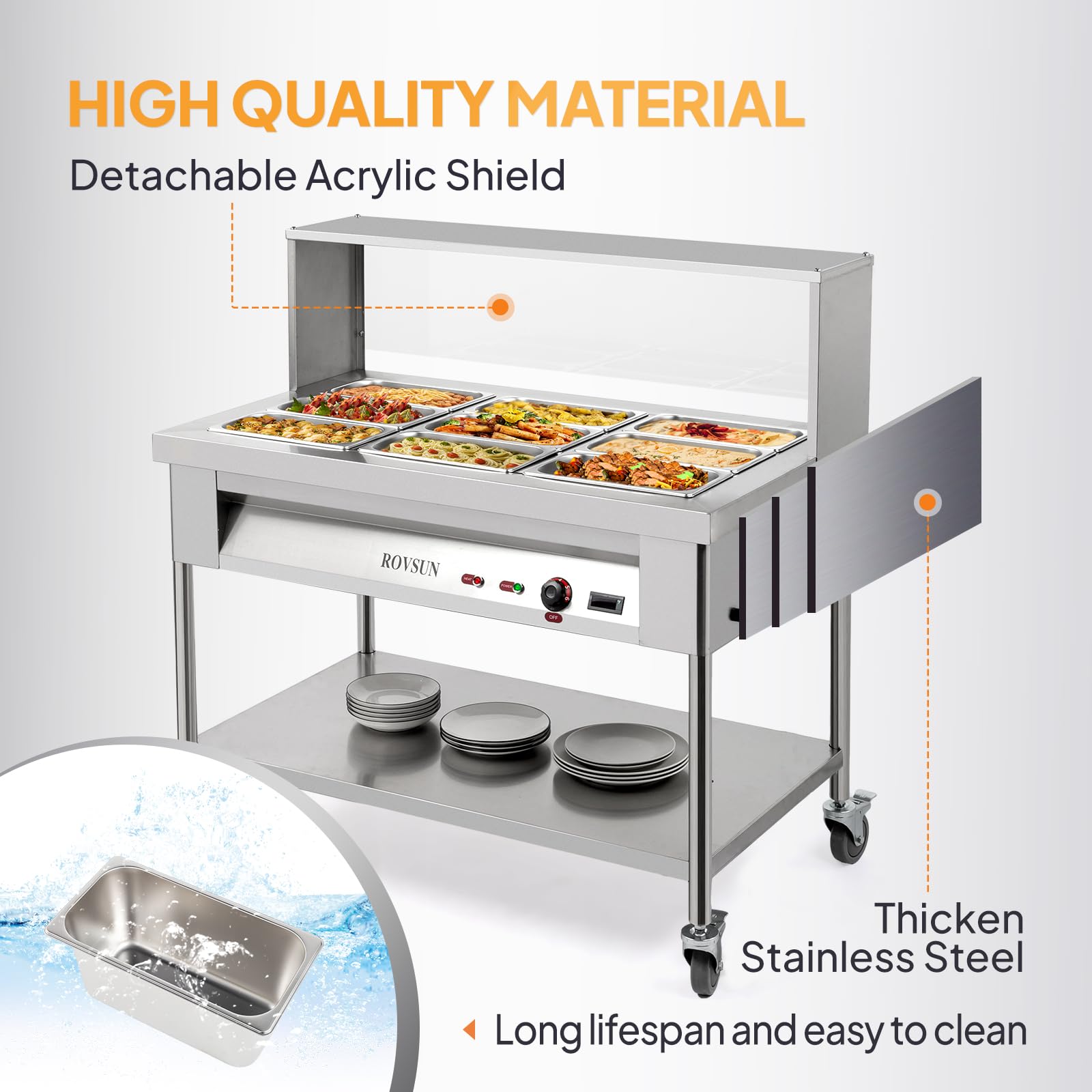 ROVSUN 72QT 1500W Commercial Electric Food Warmer - 9-Pan Stainless Steel Steam Table with Temperature Control (8QT/Pan) | Bain Marie with Acrylic Shield, Overshelf & Undershelf | Perfect for Buffet Restaurants, Catering Events & Large Gatherings | 110V