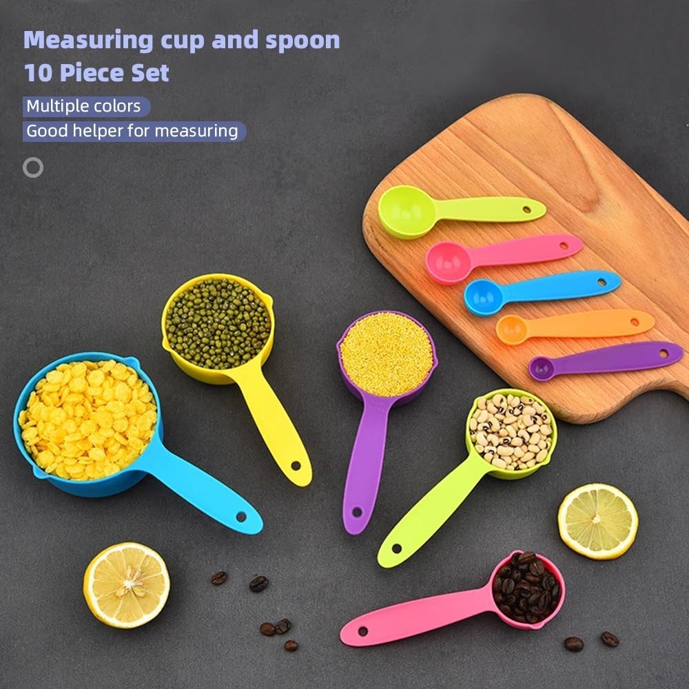 BPA-Free Plastic Measuring Cups and Spoons Set - 10-Piece Multicolor Kitchen Tools for Baking, Cooking & Measuring Wet/Dry Ingredients | Ideal for Home Bakers, Meal Prep & DIY Projects