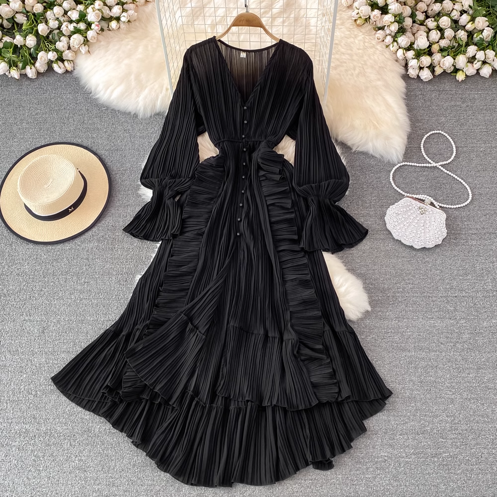 Elegant High Waist V-Neck Long Sleeve Swing Dress for Women - Perfect for Office, Party & Special Occasions