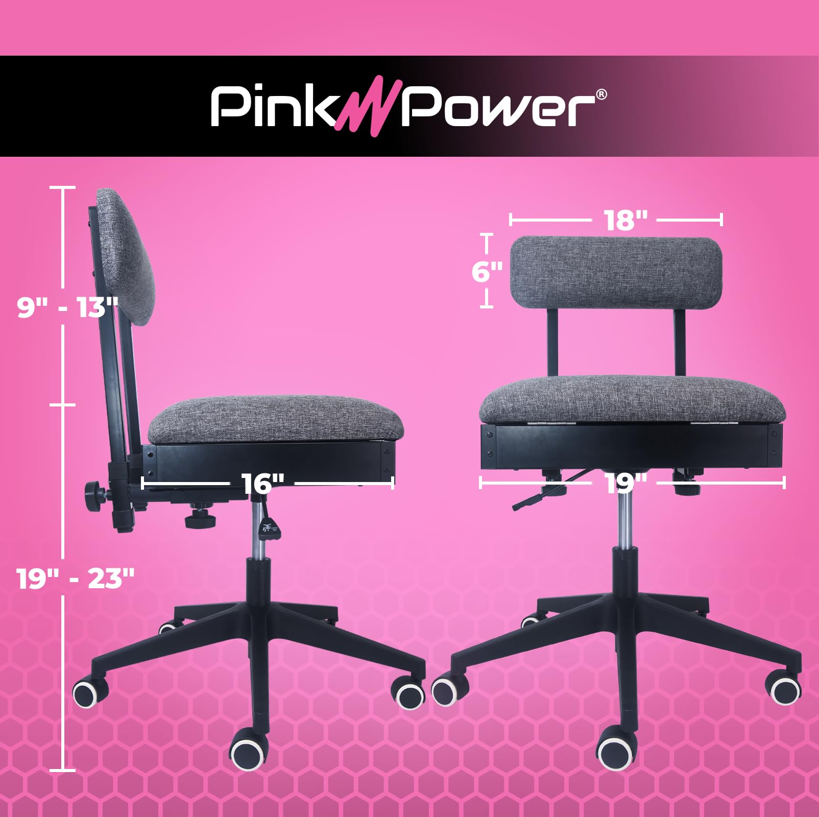 Pink Power Hydraulic Sewing Chair with Wheels & Adjustable Back Support - Ergonomic Armless Craft Chair for Sewing, Quilting & DIY Projects - Perfect for Home Studios, Craft Rooms & Professional Workshops