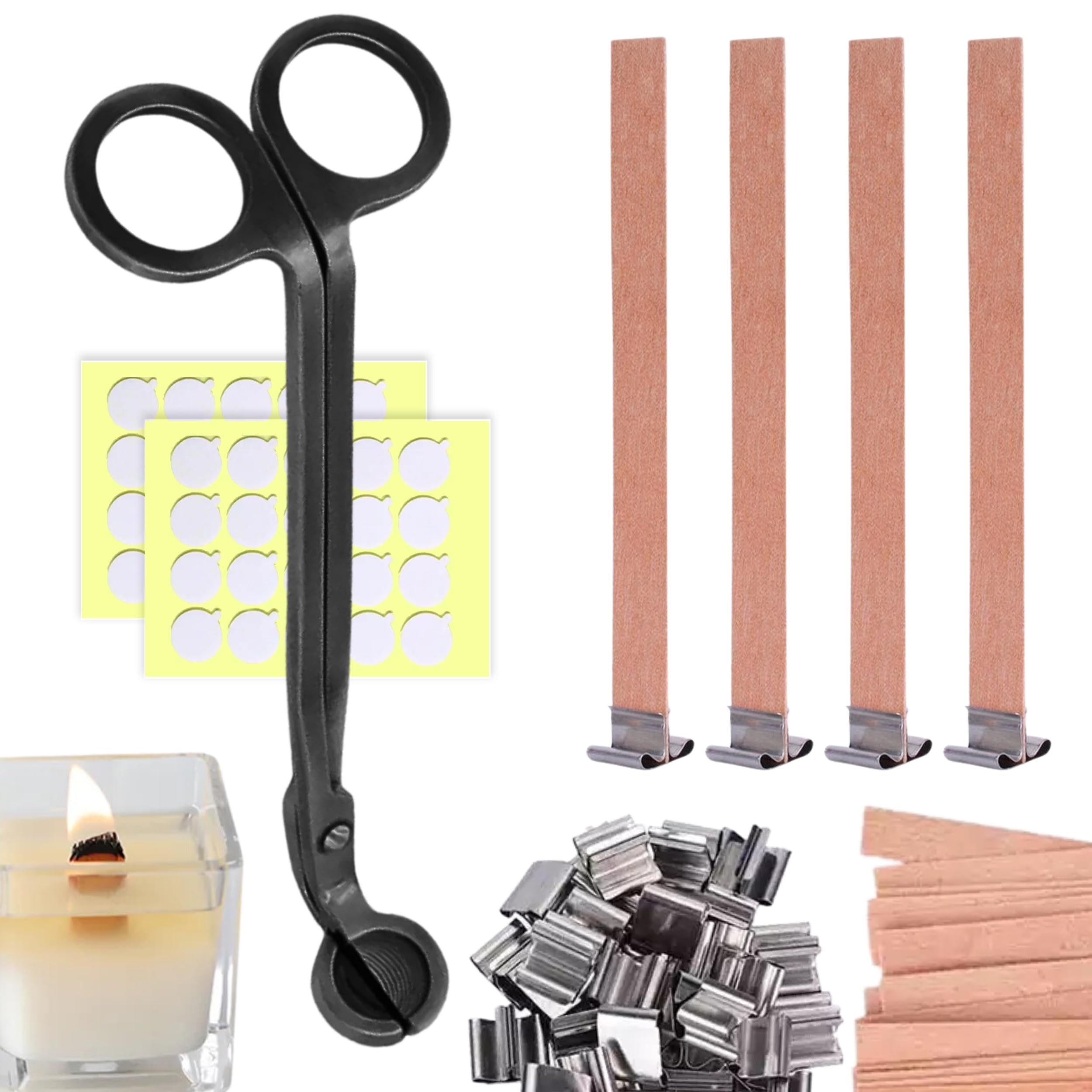 151PCS Wooden Candle Wicks Set with Metal Base - Smokeless Candle Making Kit Includes Black Wick Trimmer & Stickers for DIY Soy Wax Candles - Perfect for Home Decor, Gifts & Aromatherapy