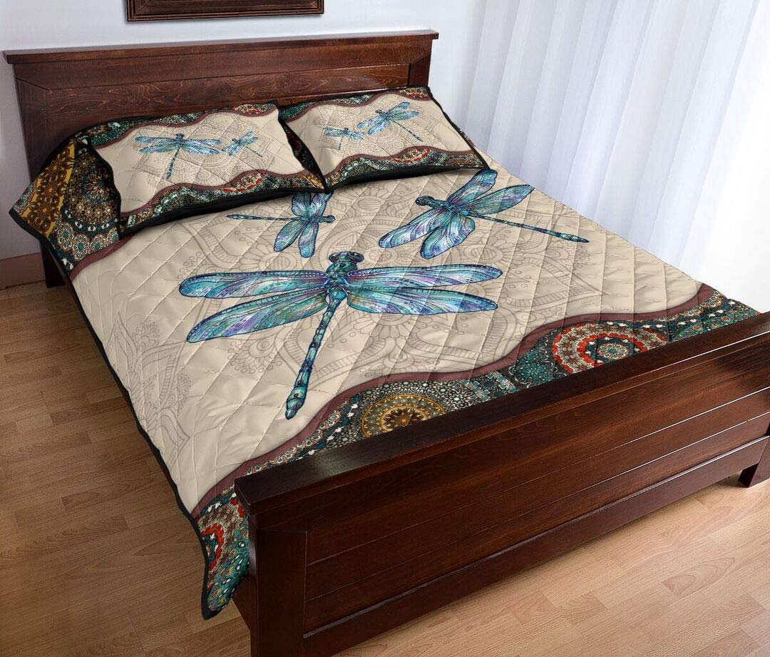 Personalized Dragonfly Quilt Set - Mandala Pattern King/Queen/Twin Size Bedding Cover, Throw Blanket for Bedroom Decor, Wall Hanging, Halloween Gift Idea | Perfect for Home Decor, Birthday Presents & Cozy Bedroom Styling