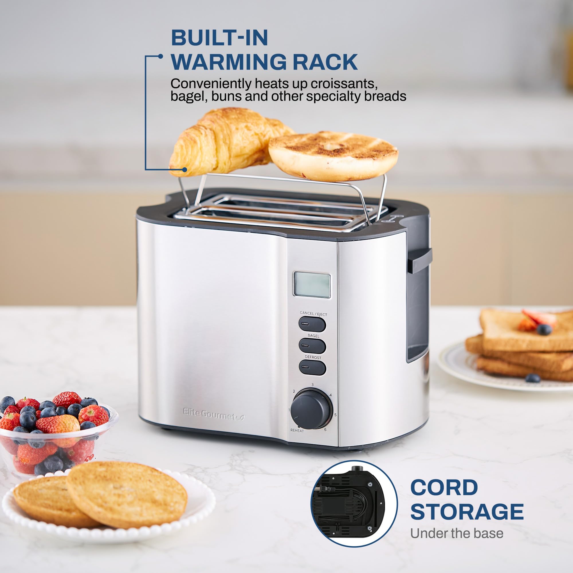 Elite Gourmet ECT2145 2-Slice Toaster with Extra Wide Slots - Bagel, Reheat, Defrost & Cancel Functions - 6 Browning Settings - Built-in Warming Rack & Countdown Timer - Stainless Steel Design - Perfect for Breakfast, Brunch & Quick Snacks