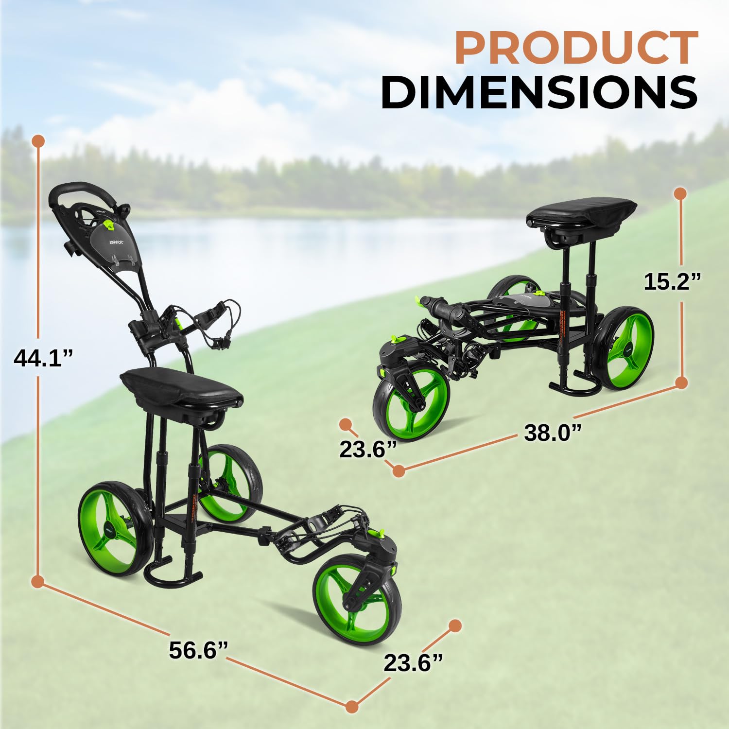 JOVIAL 3 Wheel Golf Push Pull Cart with Built-in Seat - Lightweight Foldable Golf Caddy Accessories | Includes Scorecard Holder, Water Bottle/Mobile/Umbrella/Towel Holder | Perfect for Golf Course Relaxation & Walking Rounds