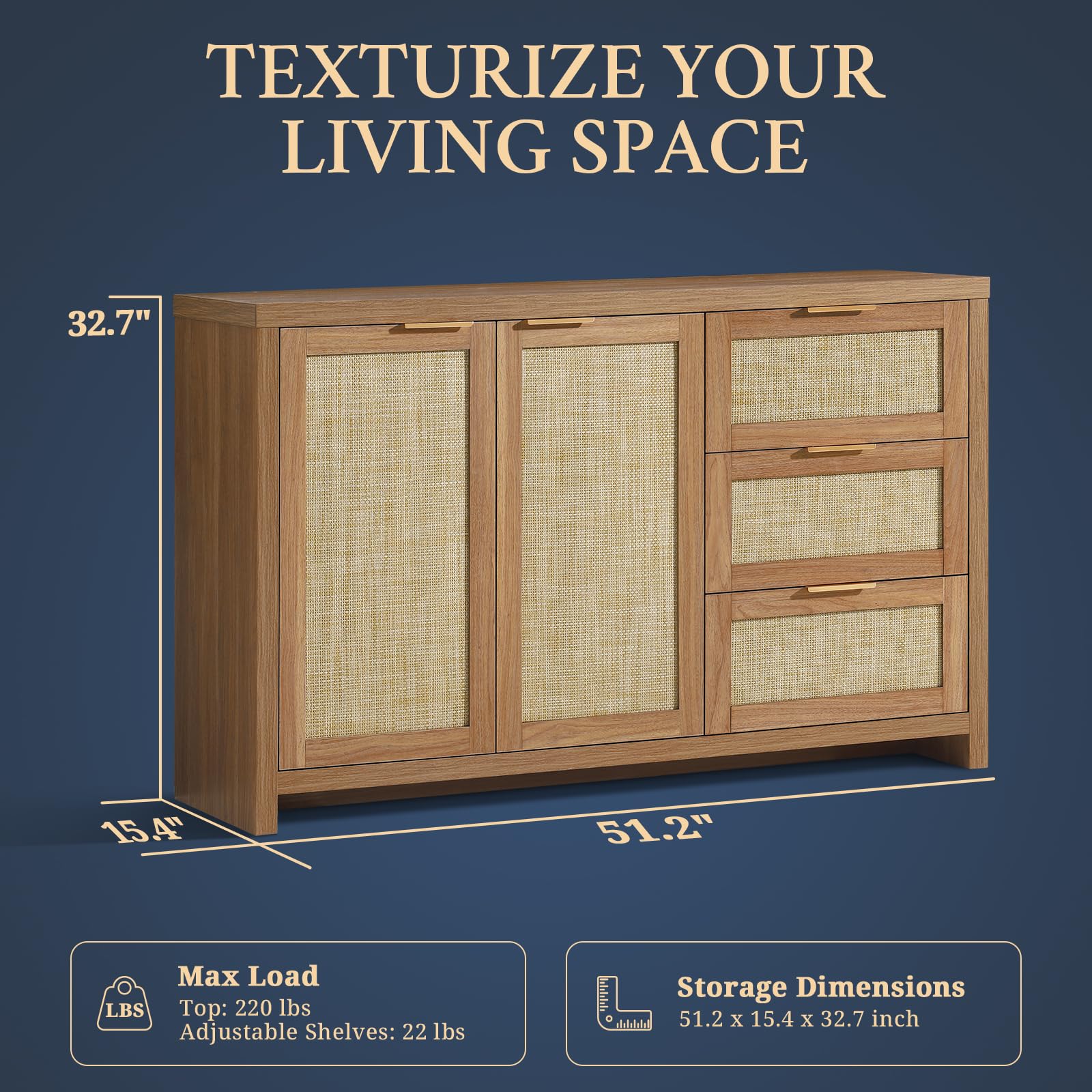 Rattan Sideboard Cabinet with 3 Drawers & 2 Doors - Kitchen Storage Organizer, Buffet Cabinet & Accent Console Table for Living Room, Hallway or Bar | Weathered Oak Finish | Perfect for Small Space Organization & Home Decor