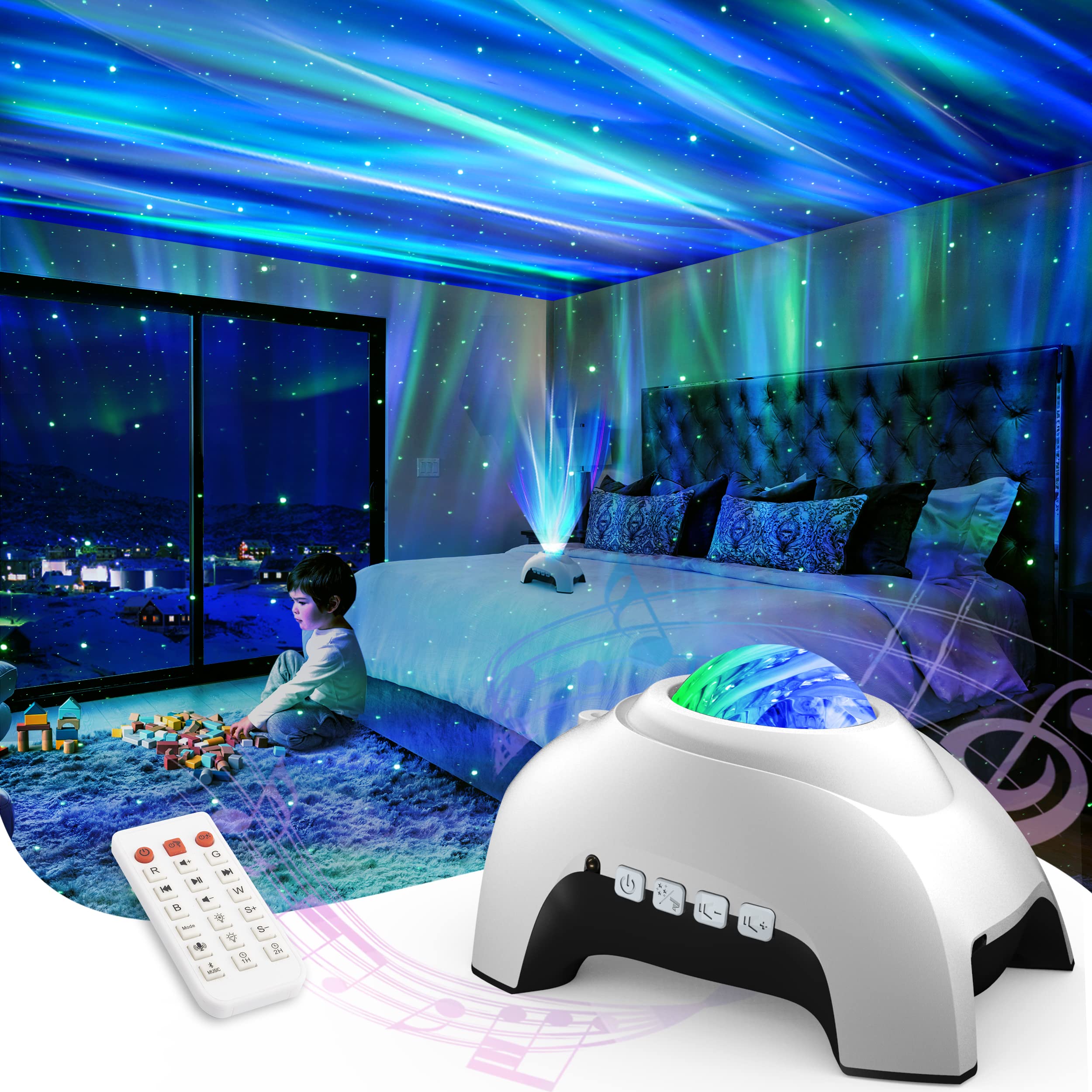 **AIRIVO Galaxy Star Projector with Northern Lights & Aurora Effects - Bluetooth Speaker & White Noise Machine for Kids & Adults - Bedroom Night Light, Ceiling Projector for Relaxation, Party Decor, and Room Ambiance (White)**    *(Perfect for Meditation, Sleep Aid, Nursery Decor, and Home Theater Lighting)*