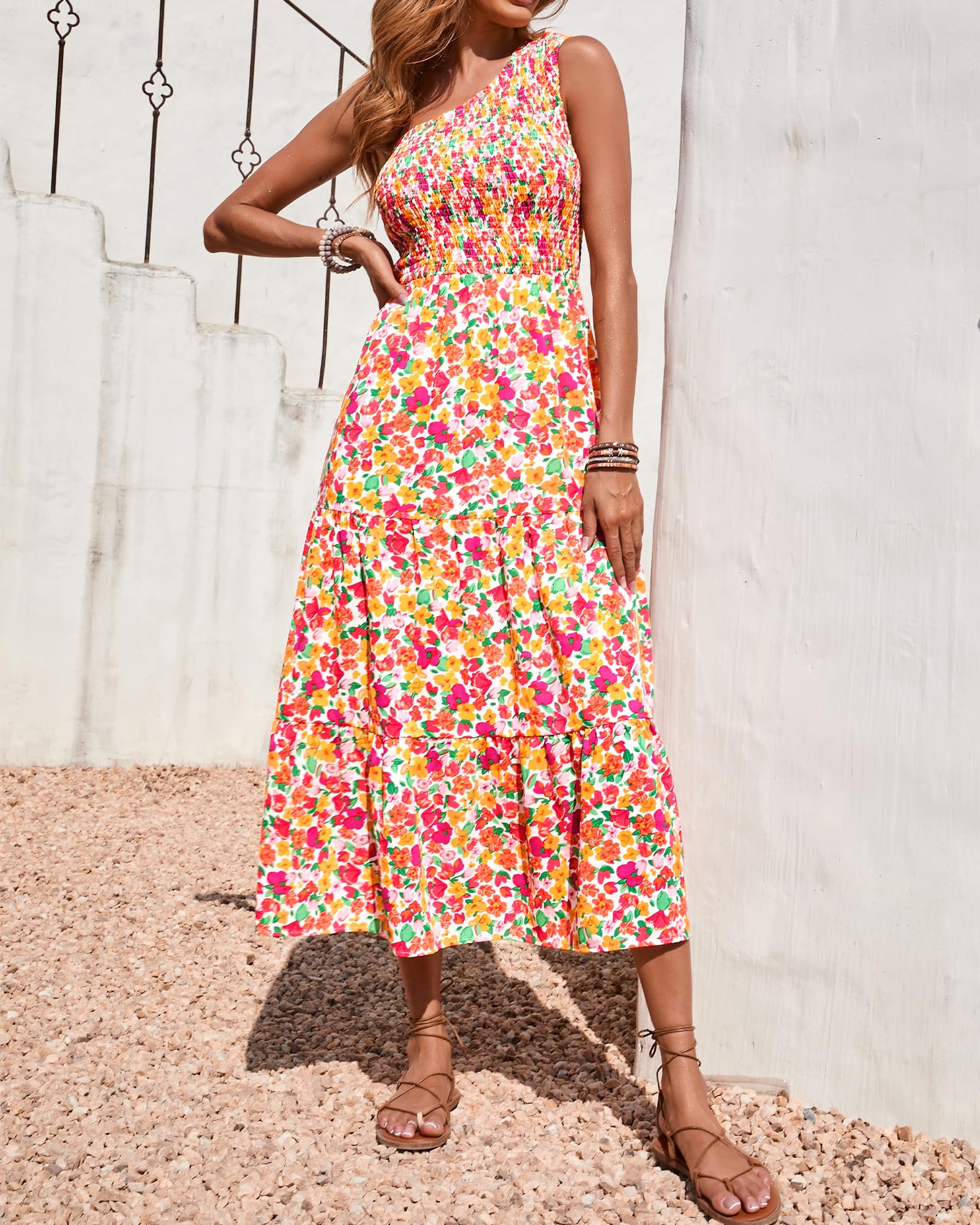 BTFBM Women's One Shoulder Floral Maxi Dress - Sleeveless High Waist Boho Beach Dress for Summer 2025 | Casual Smocked Flowy Dress for Vacations, Parties & Outdoor Events